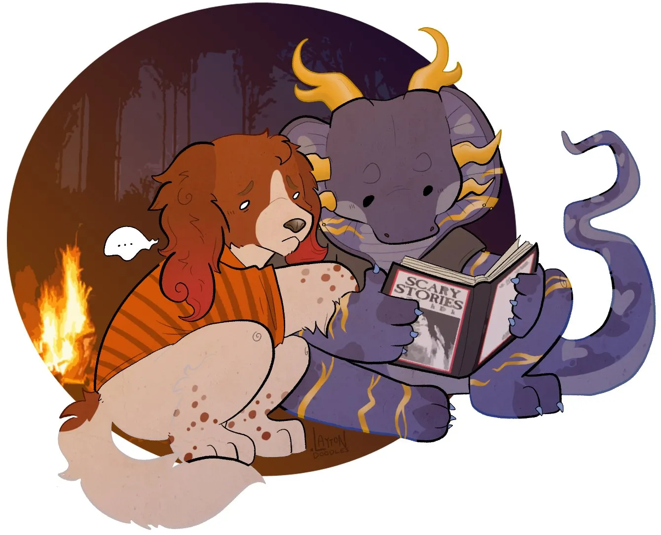 Abby and Argent drawn in a chibi style reading a horror book together in front of a fire