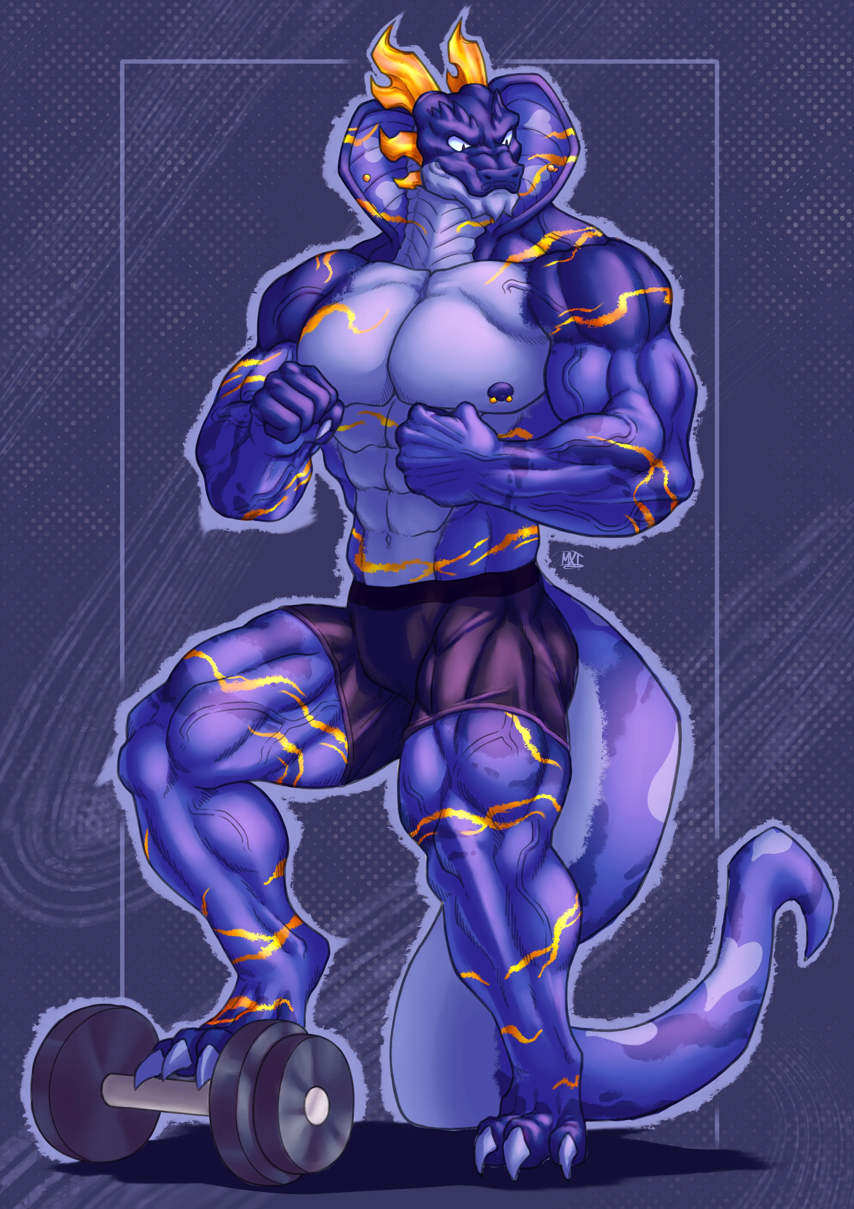 Very muscular Argent flexing, smiling, standing with a foot on a dumbbell