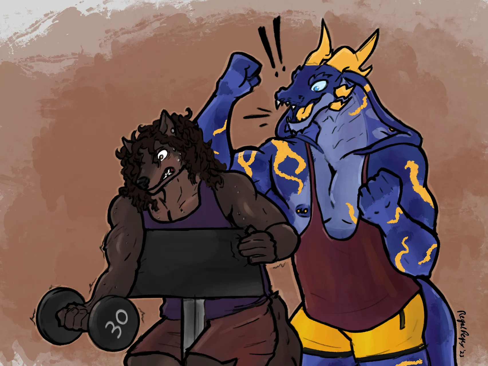 ARgent cheering on his friend, a brown werewolf with curly hair performing a preacher curl with a 30lb dumbbell