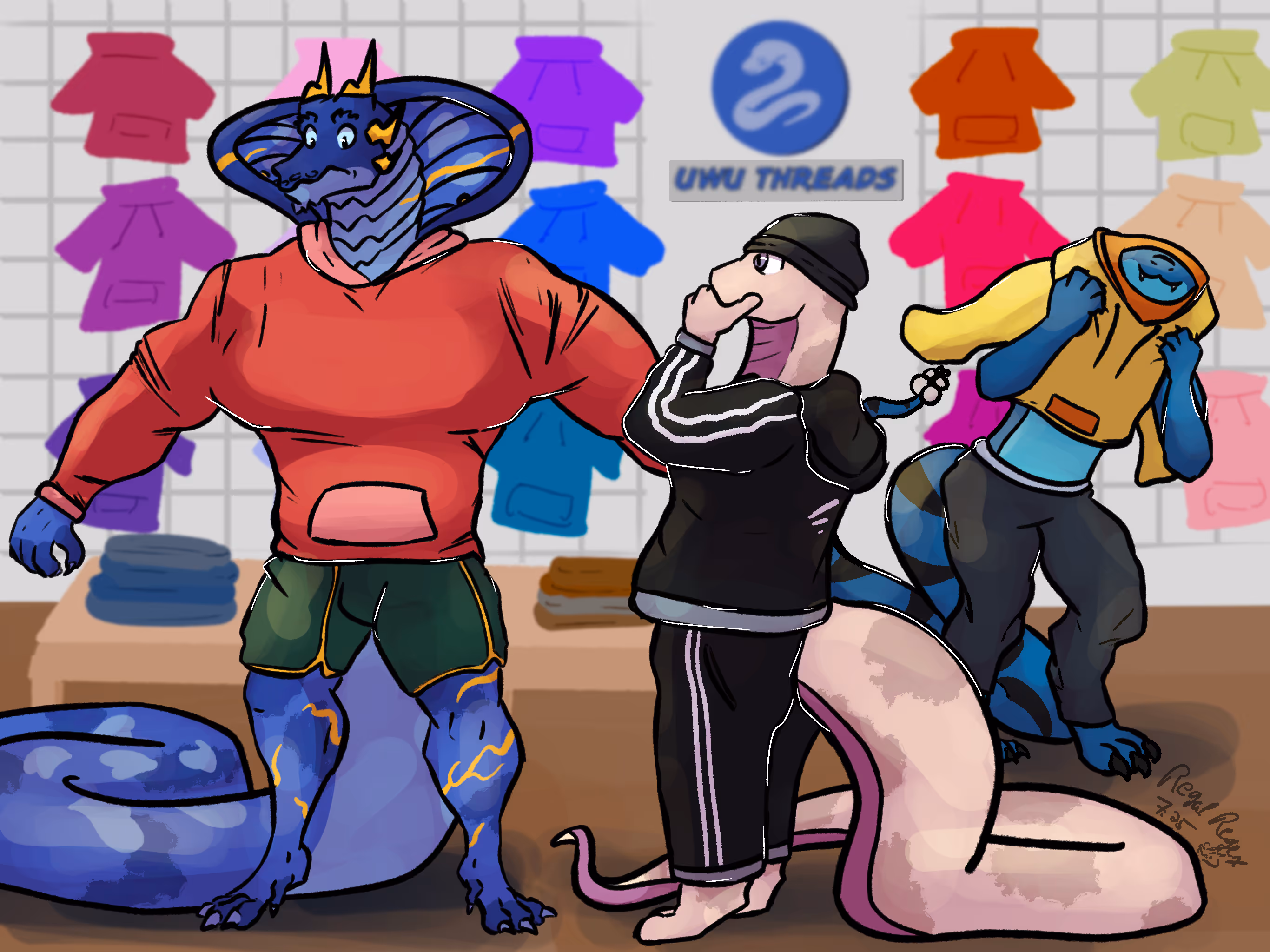 Retail clothing scene with Argent and Donny (snakes) in the foreground. Argent clearly struggling to fit in a hoodie. In the background another snake, Cy, struggles to stuff his hood through the hoodie hole