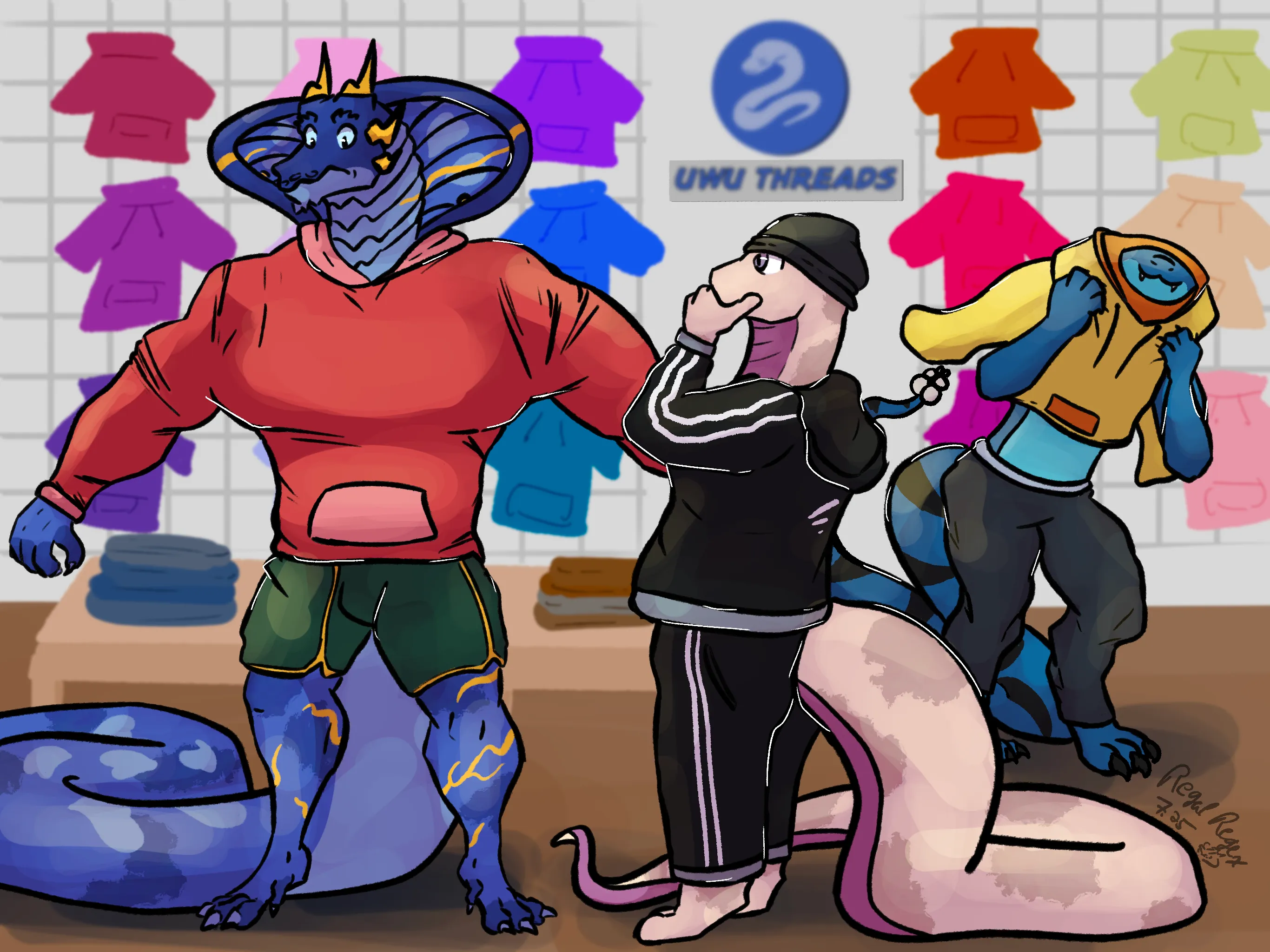Retail clothing scene with Argent and Donny (snakes) in the foreground. Argent clearly struggling to fit in a hoodie. In the background another snake, Cy, struggles to stuff his hood through the hoodie hole
