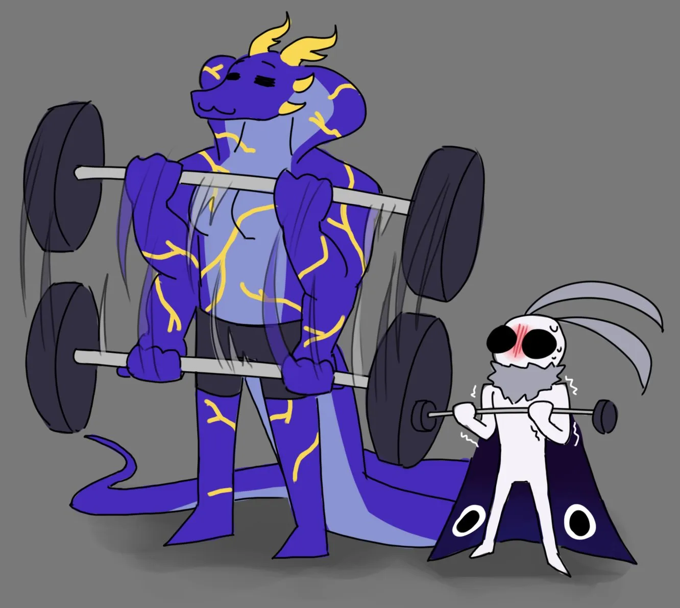 A sketch-style drawing of Argent next to a smaller anthro moth character. Both are performing barbell bicep curls, with Argent clearly handling heavier weights very easily compared to his flustered compatriot