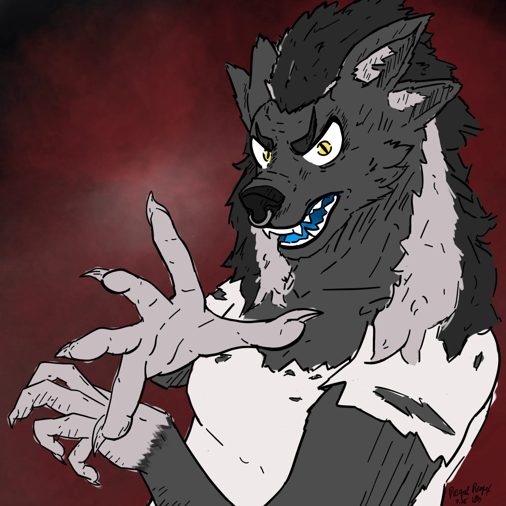 Grey, white, and black anthro werewolf woman with 4 ears, growling and gesturing towards the viewer in front of an abstract background