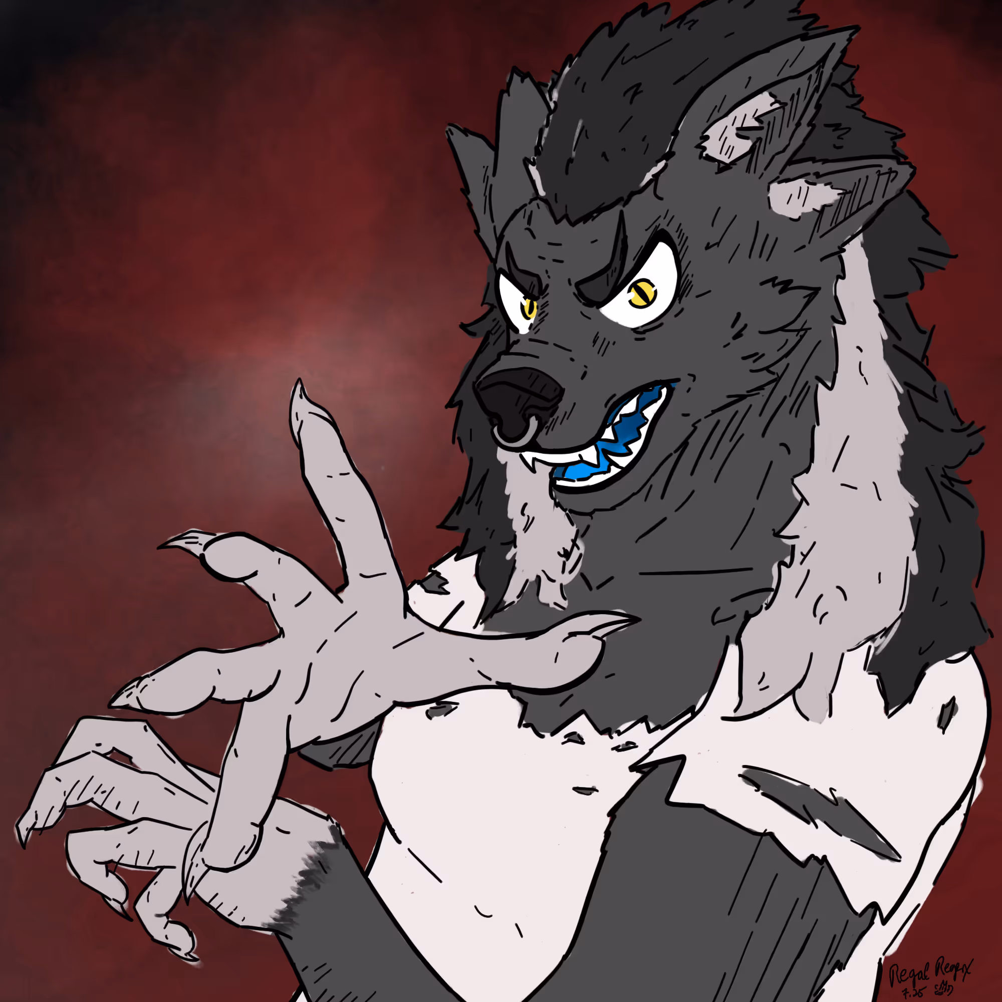 Grey, white, and black anthro werewolf woman with 4 ears, growling and gesturing towards the viewer in front of an abstract background