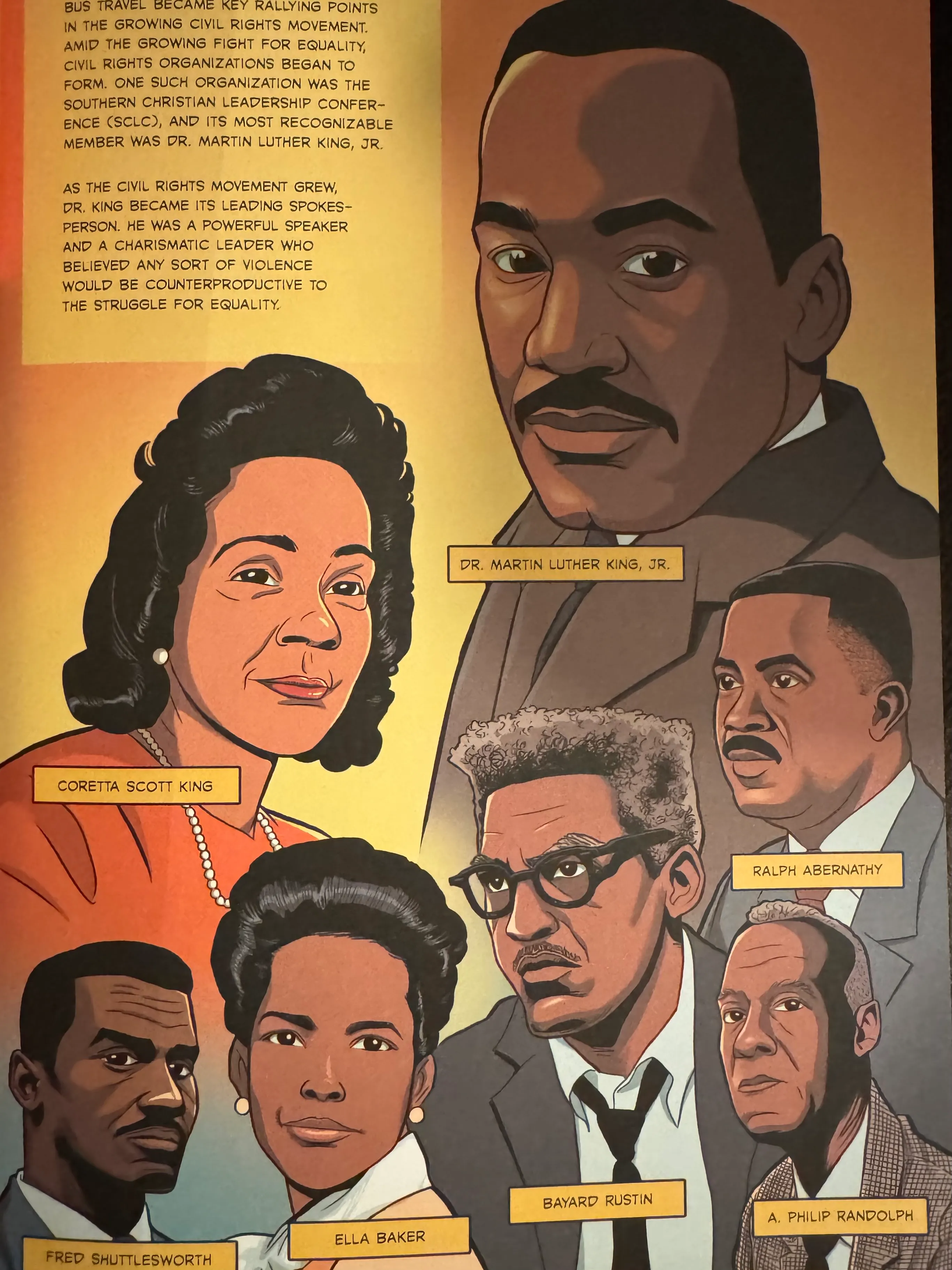 Full page depicting prominent Black activists. From top to bottom: Dr. Martin Luther King, JR. Corretta Scott King, Ralph Abernathy, Fred Shuttlesworth, Ella Baker, Bayard Rustin, A. Philip Randolph