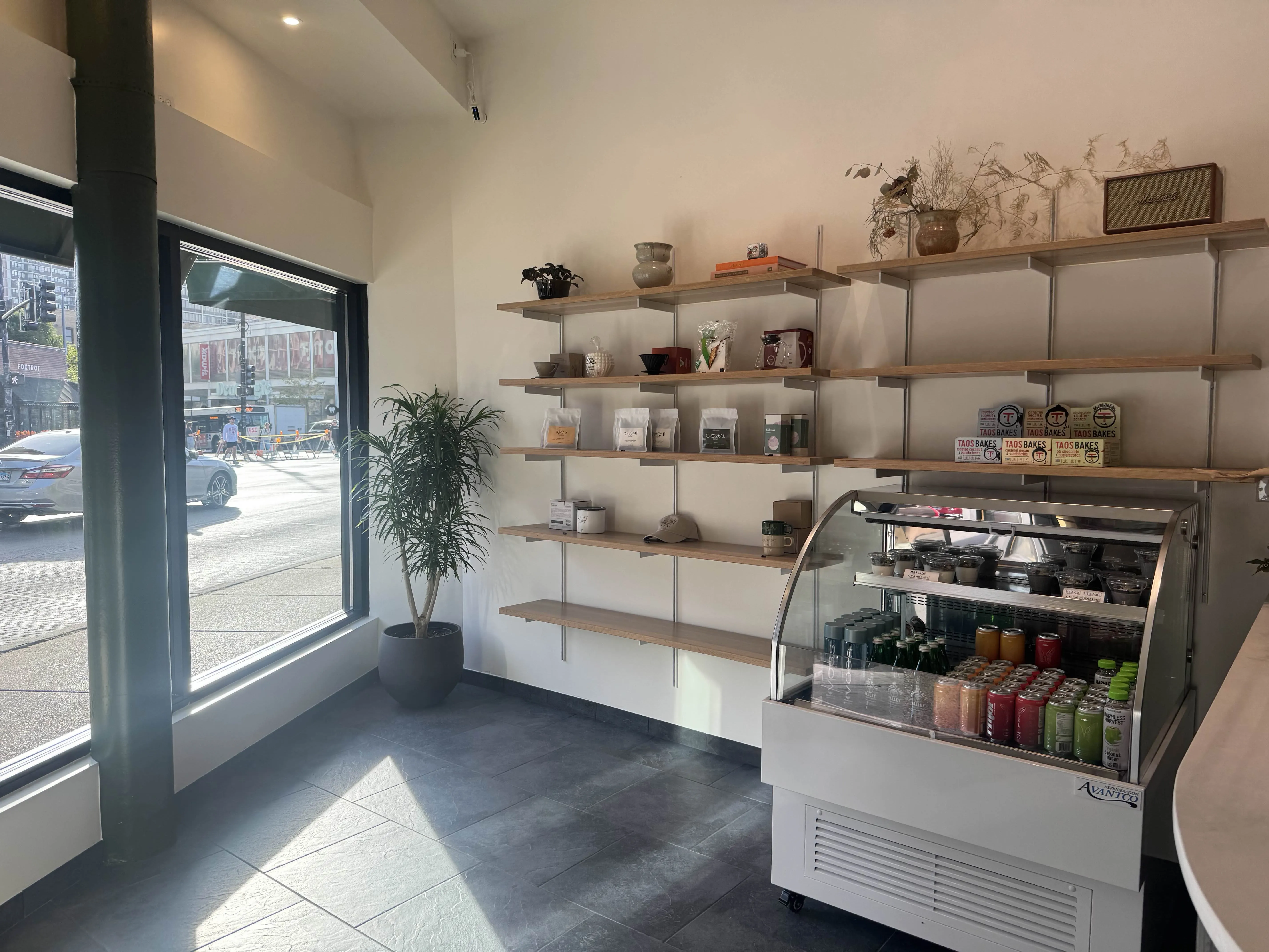 Cafe front, with window outside to the left, and shelves bearing coffee, coffee brew equipment, and some potted plants. To the right is the counter, and beside it a fridge with drinks and yogurt