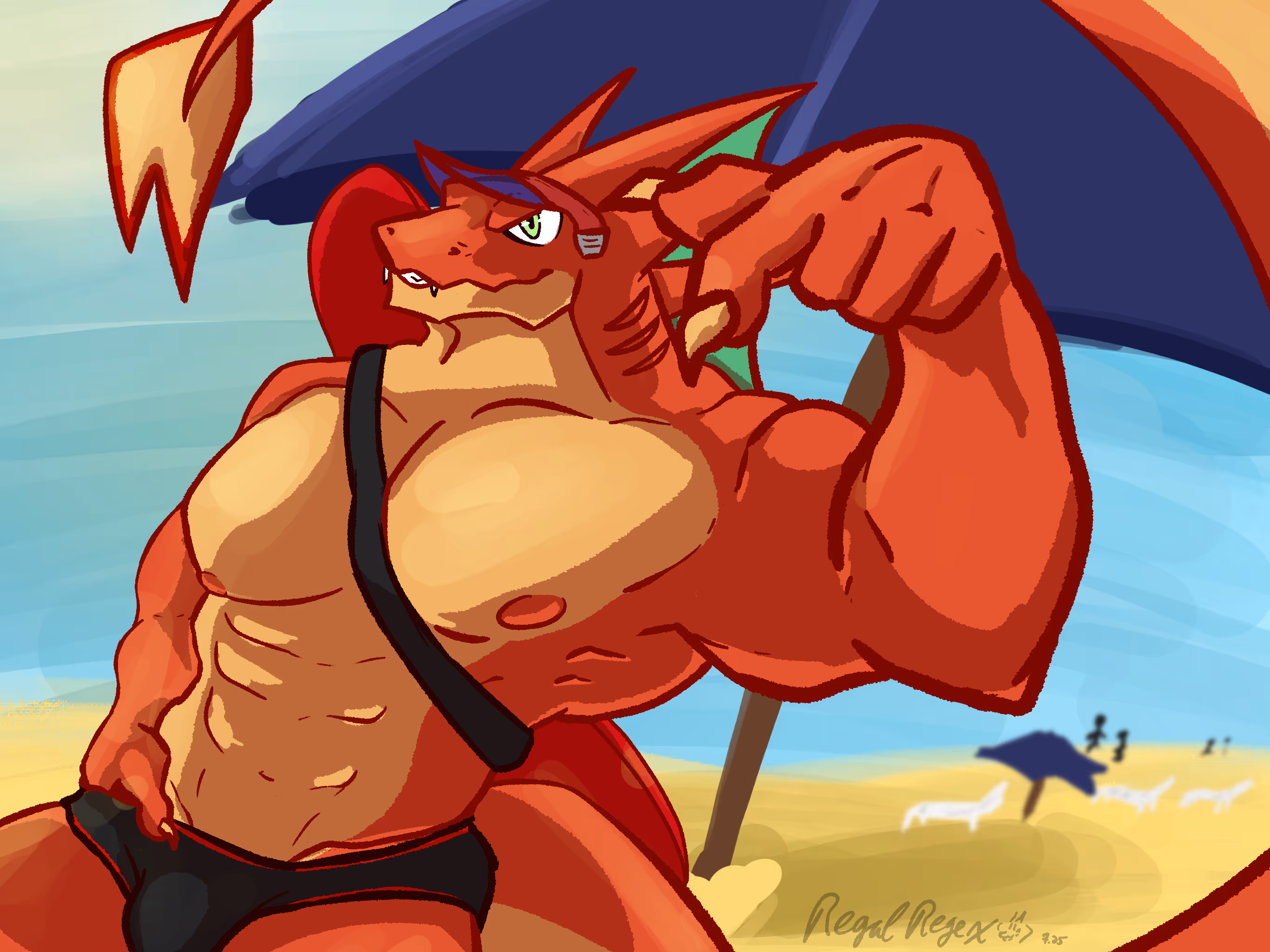 Stylized orange and yellow Charizard anthro character, gesturing with foreshortened hand towards the viewer. He is reclining on a beach setting, shirtless, and generally muscular.