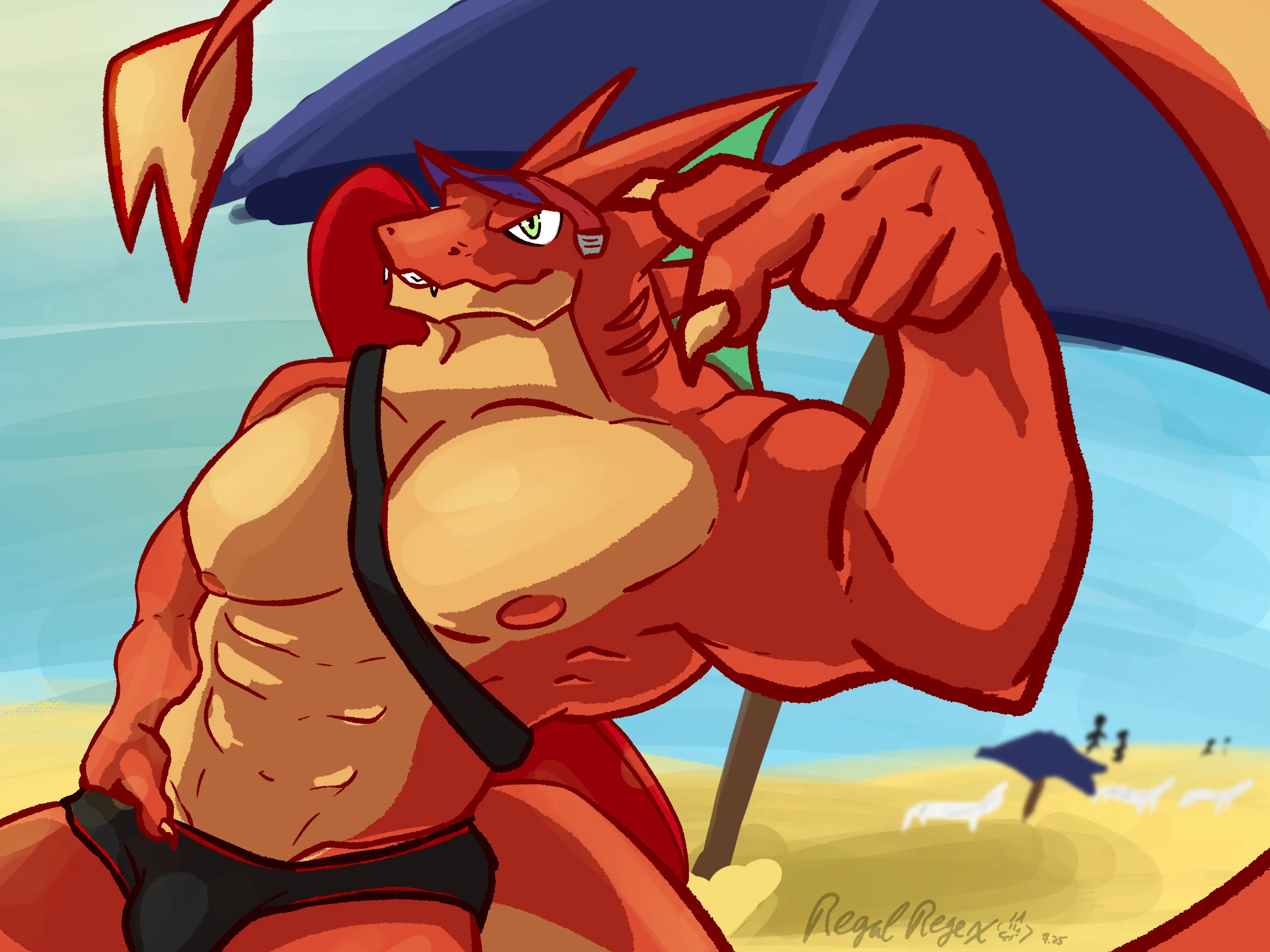 Stylized orange and yellow Charizard anthro character, gesturing with foreshortened hand towards the viewer. He is reclining on a beach setting, shirtless, and generally muscular.
