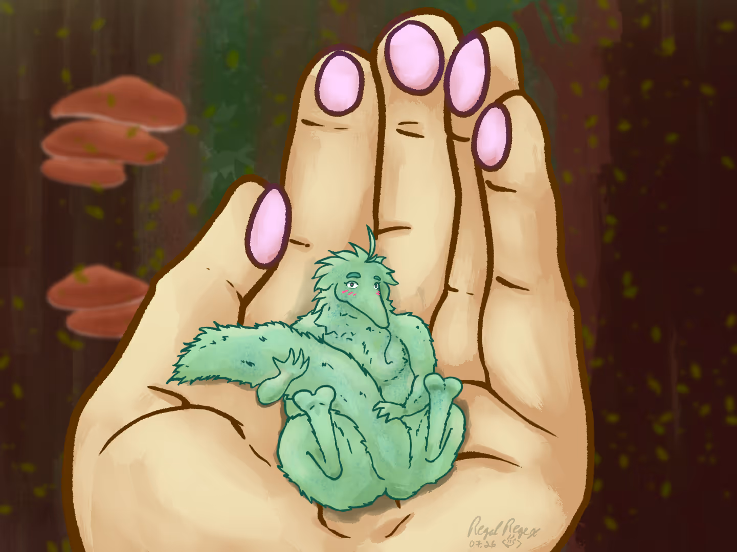 A fuzzy green anthro worm on a string character, bashfully sitting in the palm of a yellow and pink hand, holding its tail. The background is a vague foresty background with some shelf fungus and leaves floating in the background
