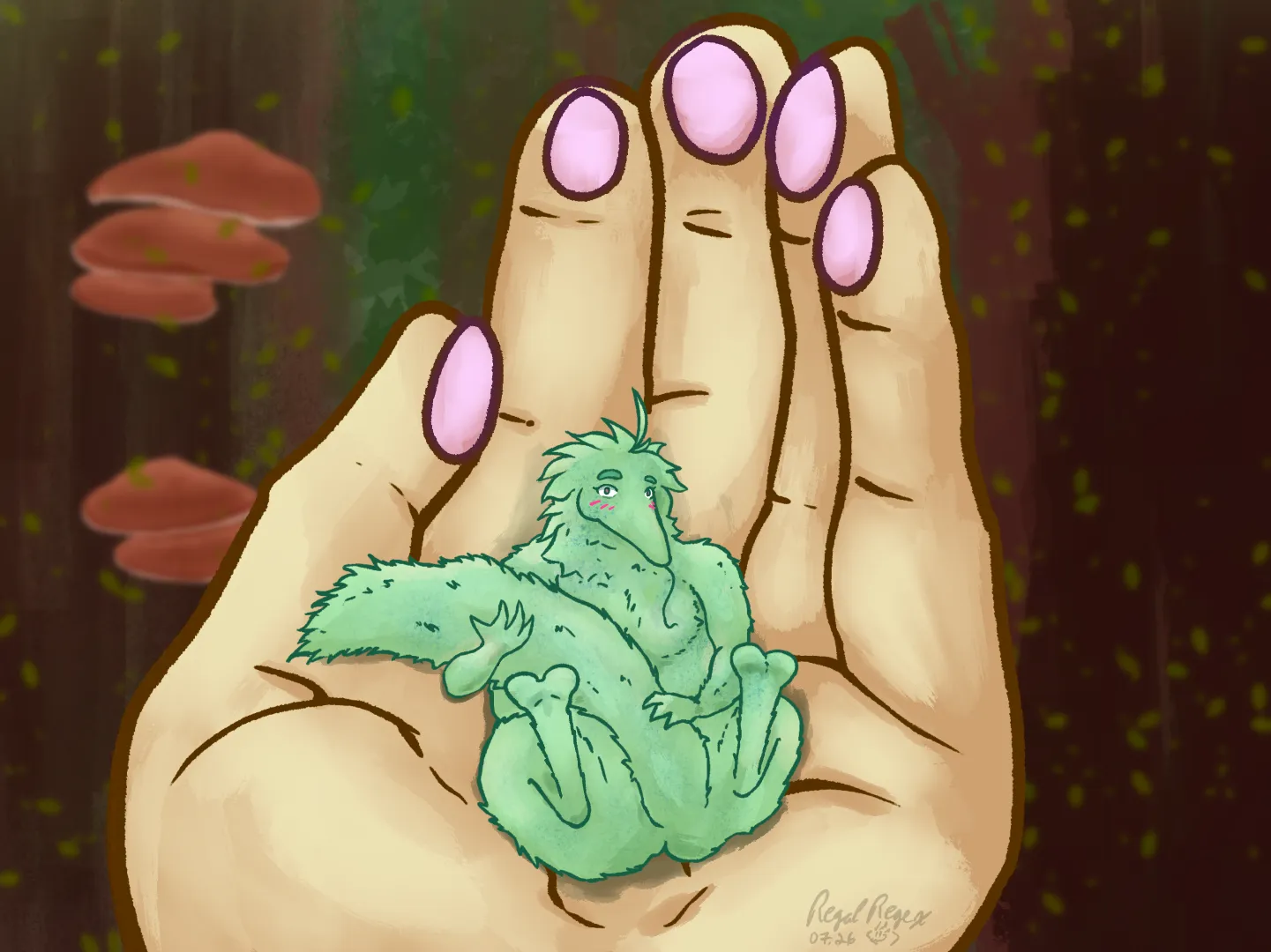 A fuzzy green anthro worm on a string character, bashfully sitting in the palm of a yellow and pink hand, holding its tail. The background is a vague foresty background with some shelf fungus and leaves floating in the background
