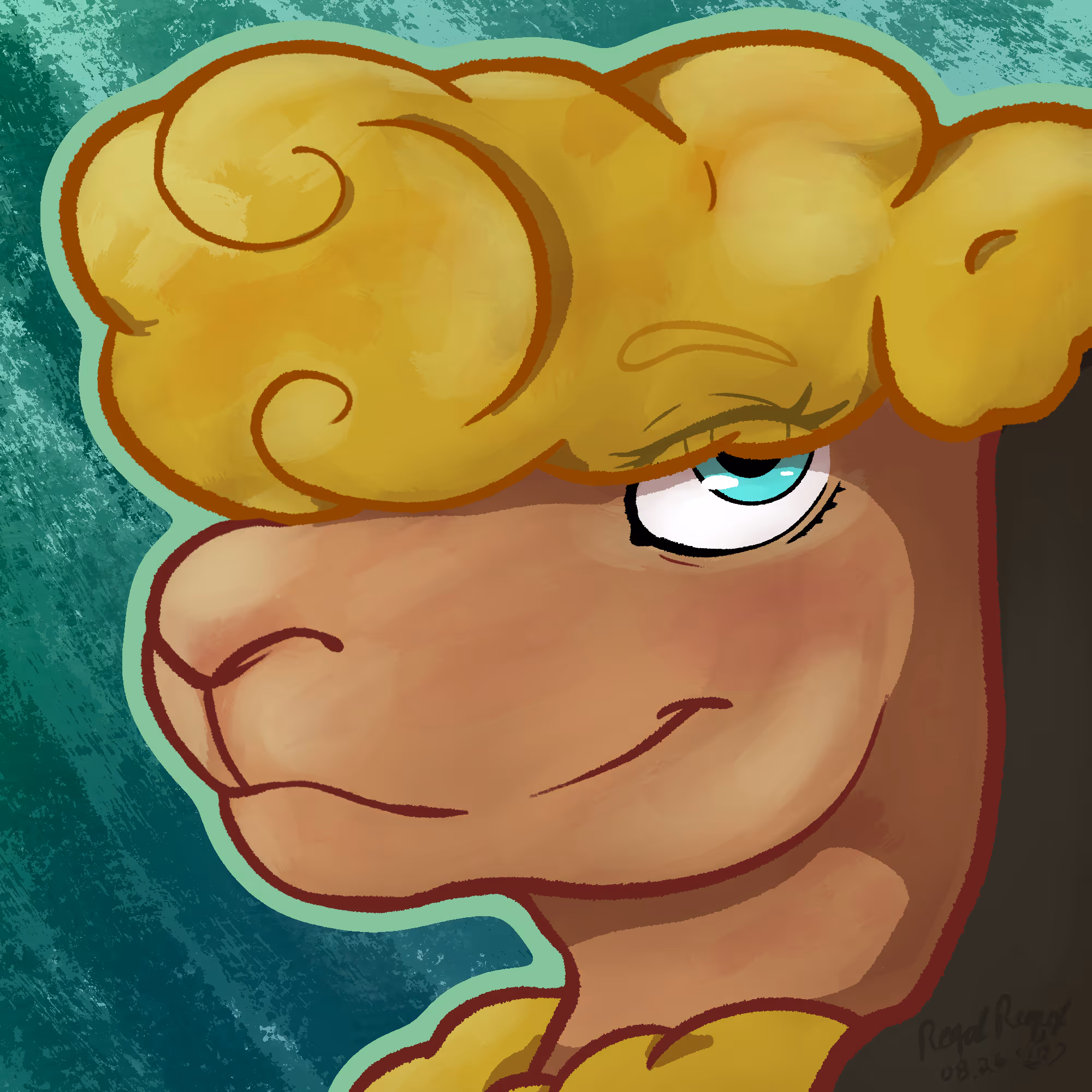 Left-facing profile of an anthropomorphic ram lady with tan skin and yellow fluffy wooly hair. She's smiling slightly, looking at the viewer with partially obscured light blue eye. The background is a simple green mint gradient with some texture.