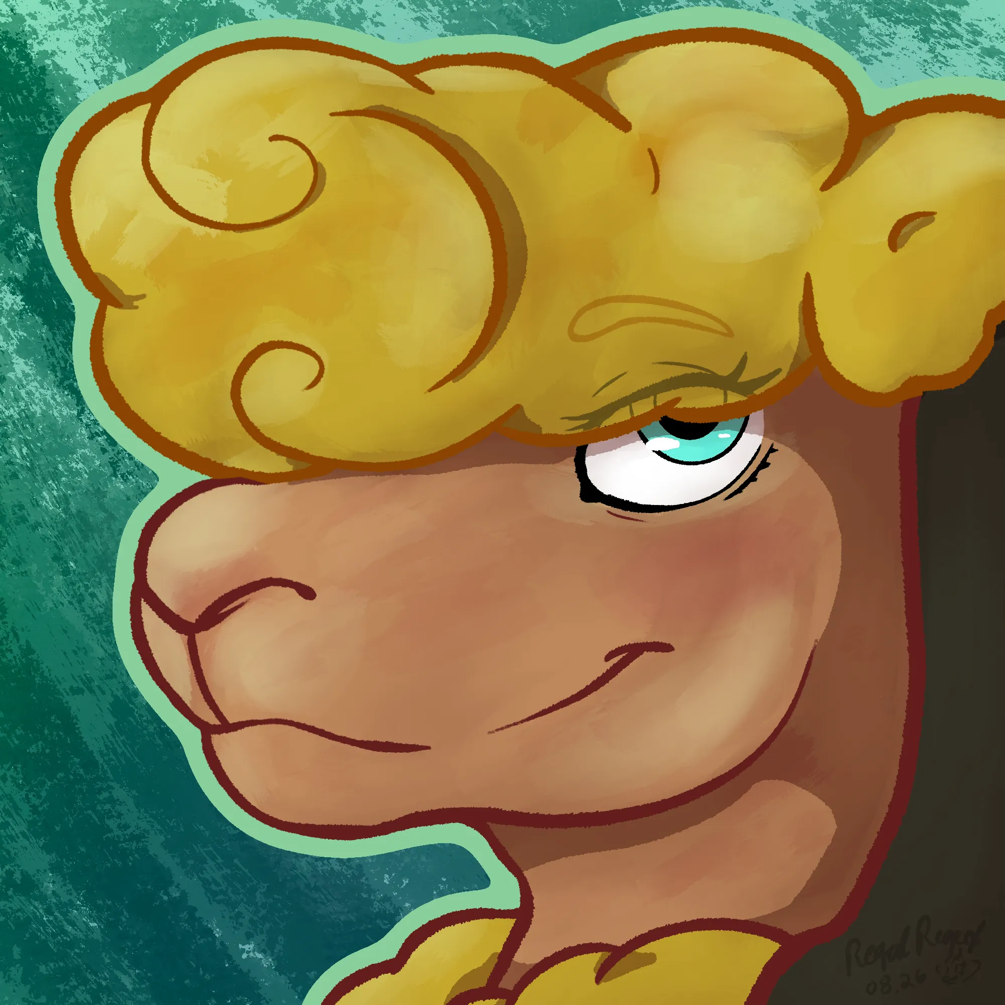 Headshot of a pretty ram girl with deep tan skin and fluffy yellow wool