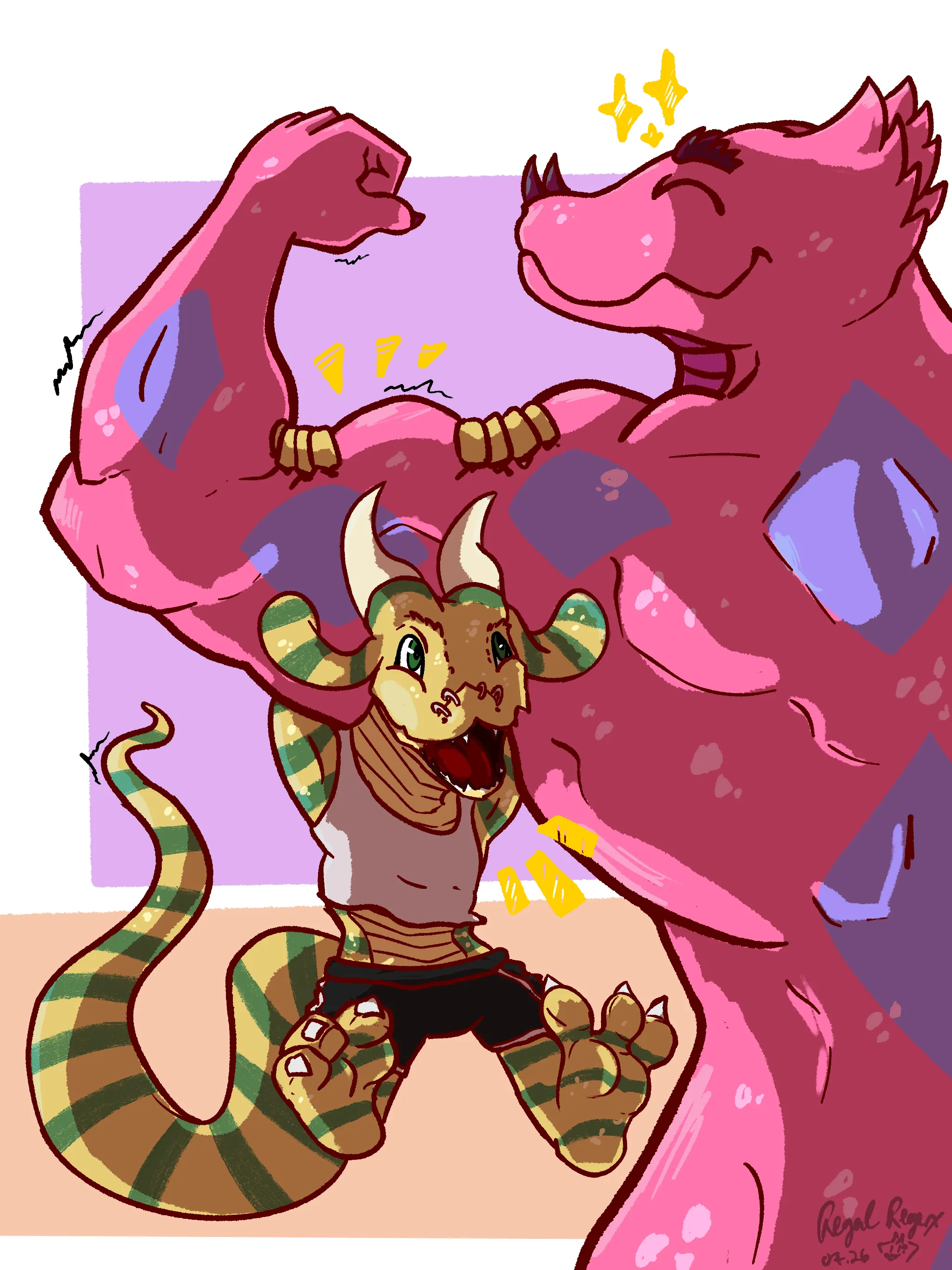 Small, yellow kobold excitedly swinging off of a large pink naga character's rippling biceps