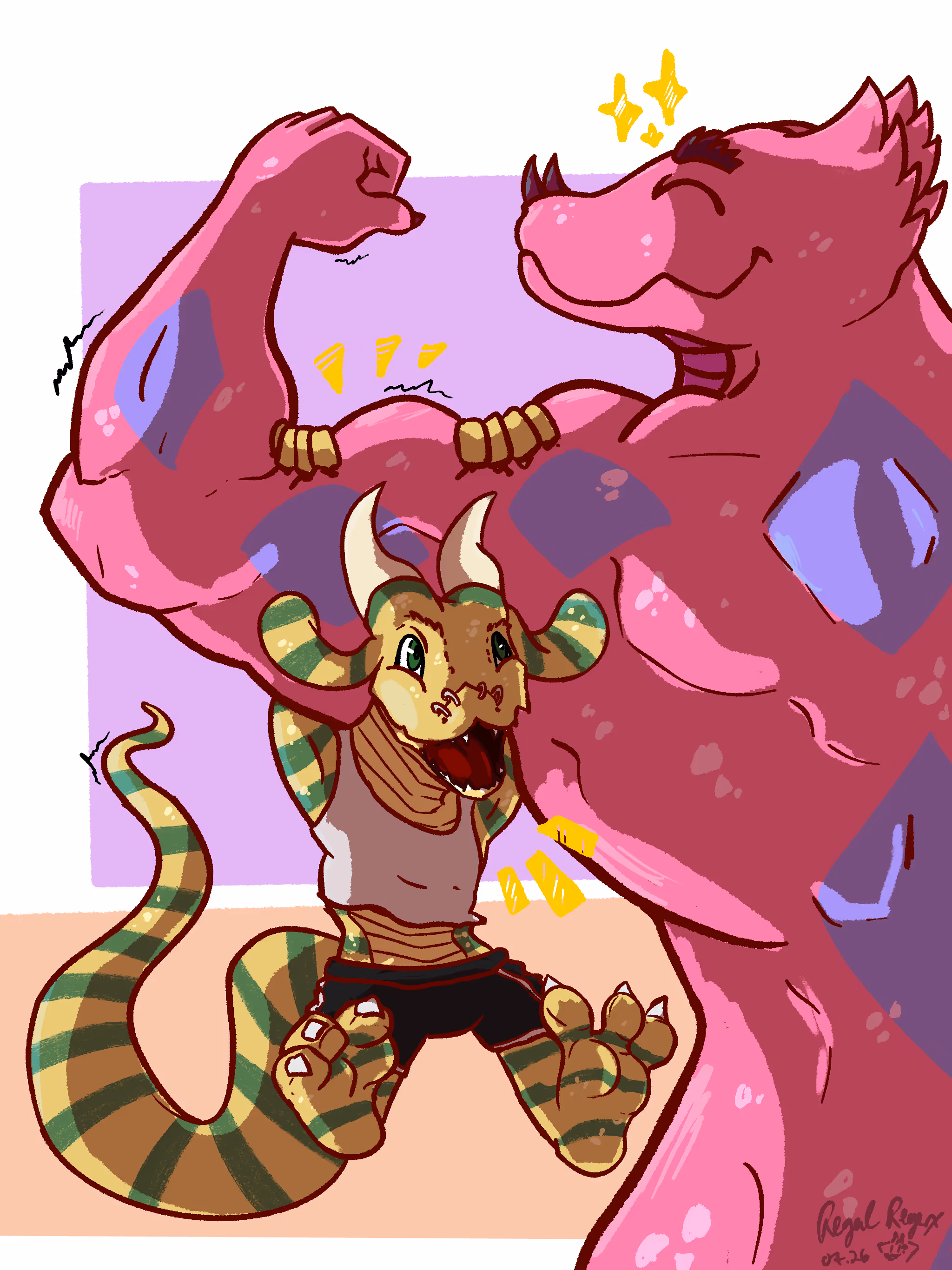 A large pink and blueish Naga smiling and flexing a massive bicep while a yellow and green Kobold excitedly hangs/swings off of it, exclaiming in joy