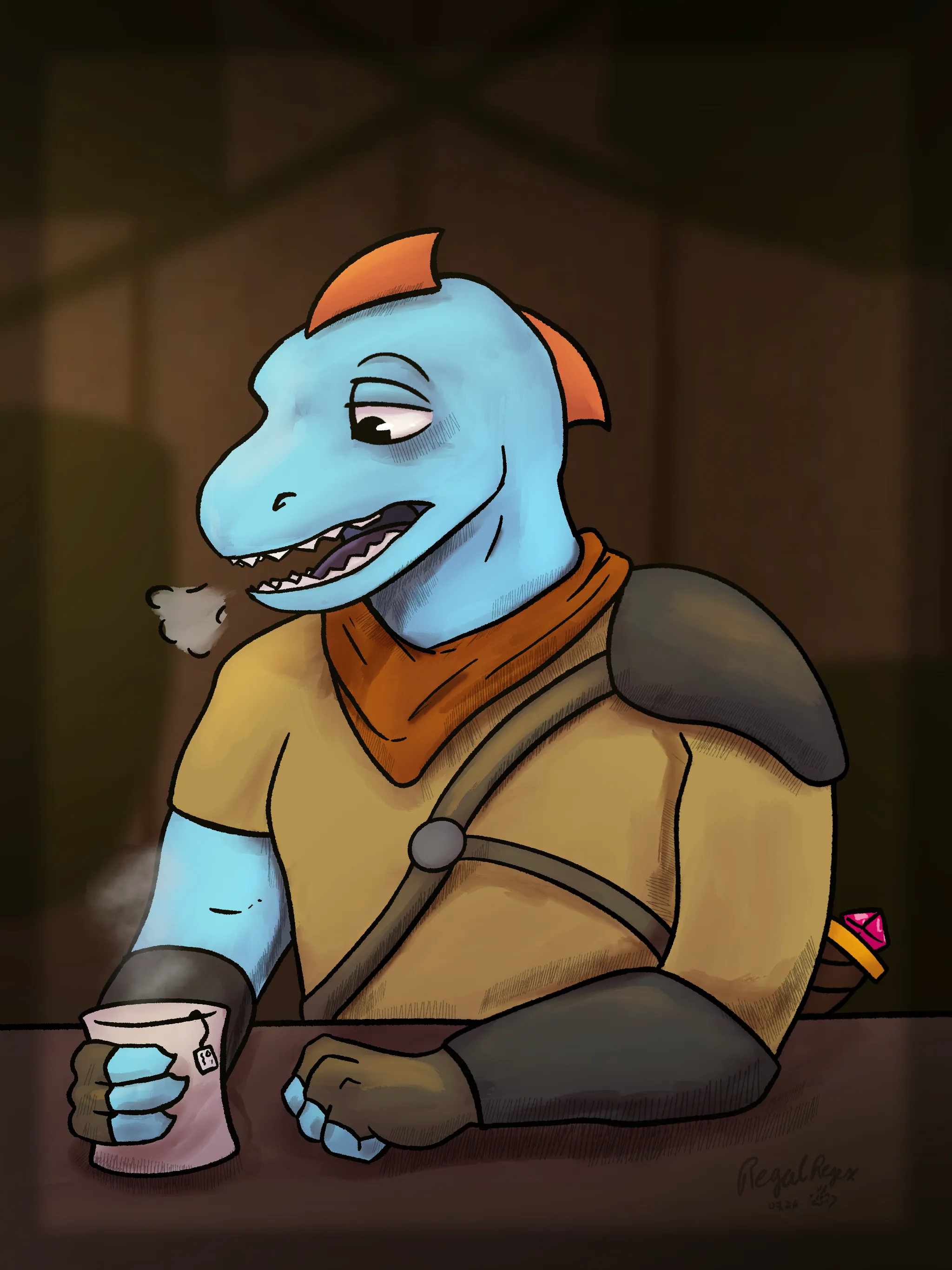 An anthro blue and orange velociraptor in swordsman clothes and leather armor. He has a tired expression, and is sighing as he holds a cup of hot tea. He sits at a bar or table in an implied tavern or bar.