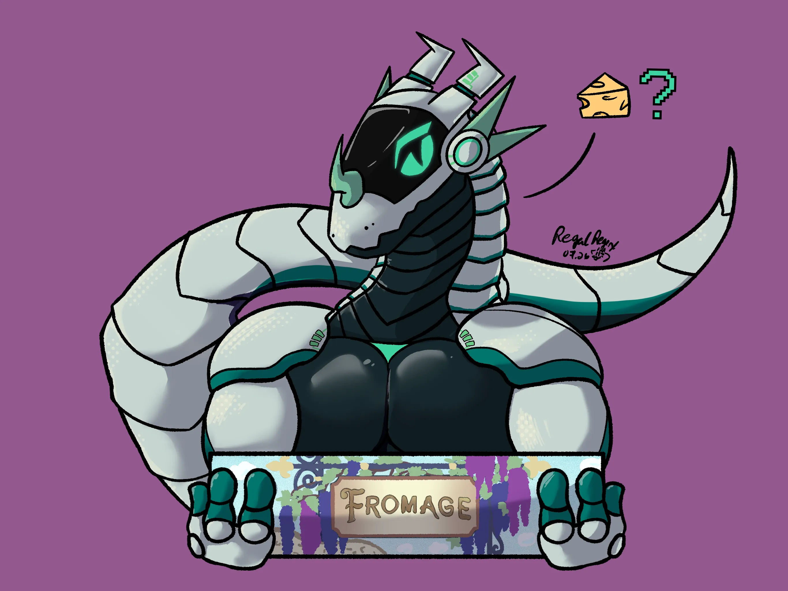 A White and dark-blue synth with mint green accents holding the board game "Fromage" while swishing his tail behind himself. He's asking if you want to play the game, indicated with a little cheese icon next to a question mark.