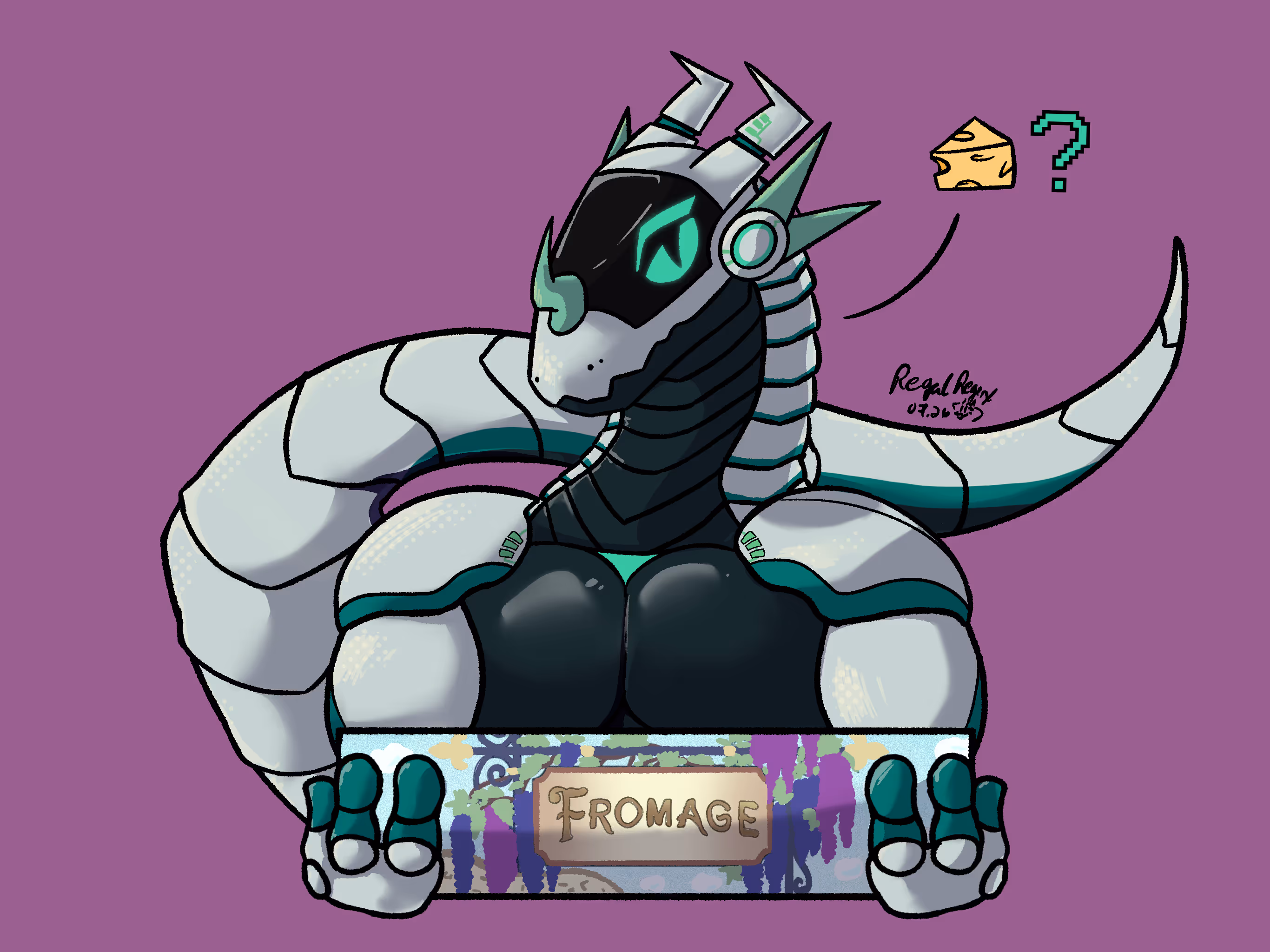 A White and dark-blue synth with mint green accents holding the board game "Fromage" while swishing his tail behind himself. He's asking if you want to play the game, indicated with a little cheese icon next to a question mark.