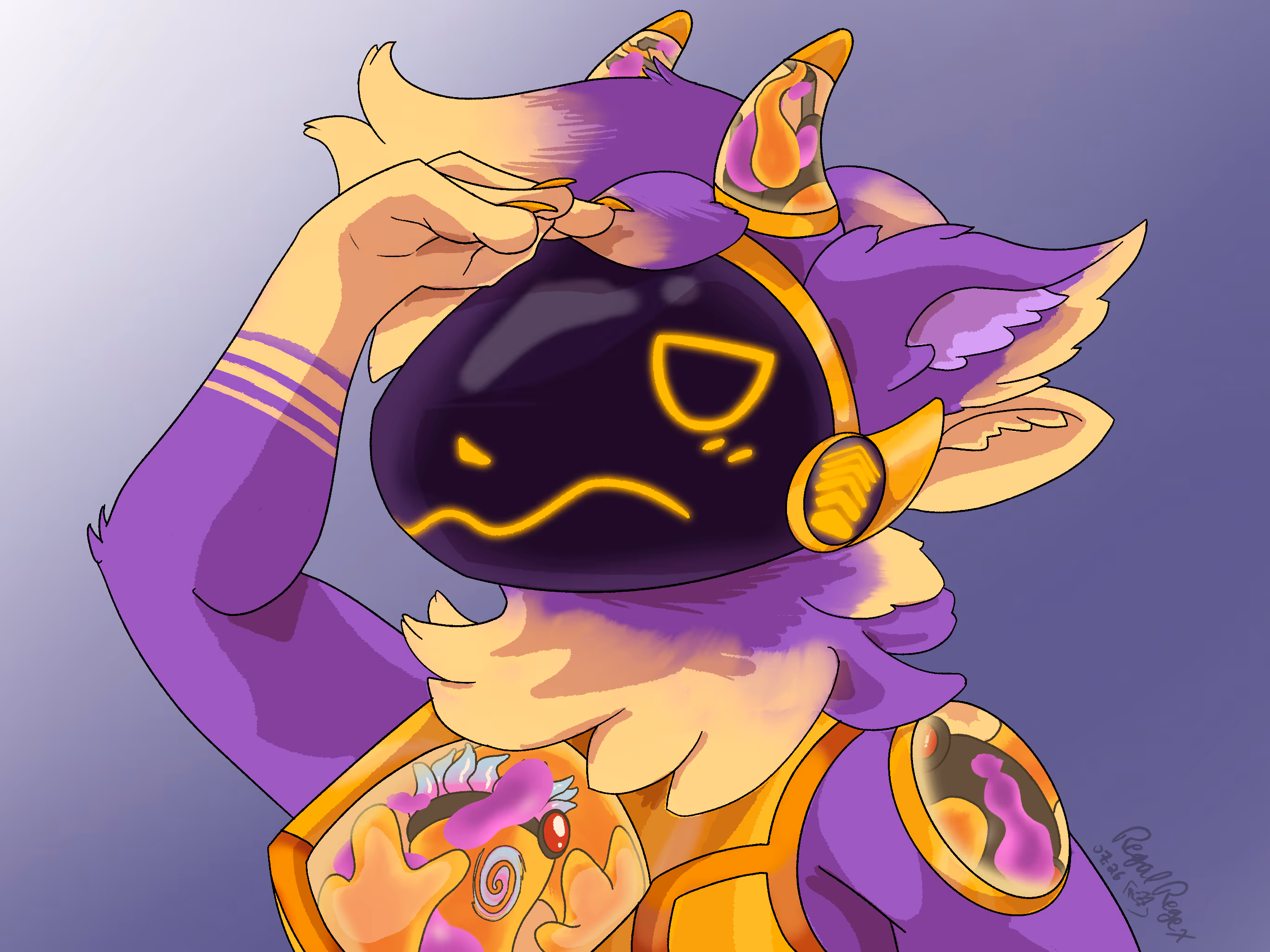 A yellow and purple protogen with arm upraised, looking for someone--implied to be Kiln, another lava/liquid glass protogen who has become somehow trapped inside Lumie's lava lamp plates