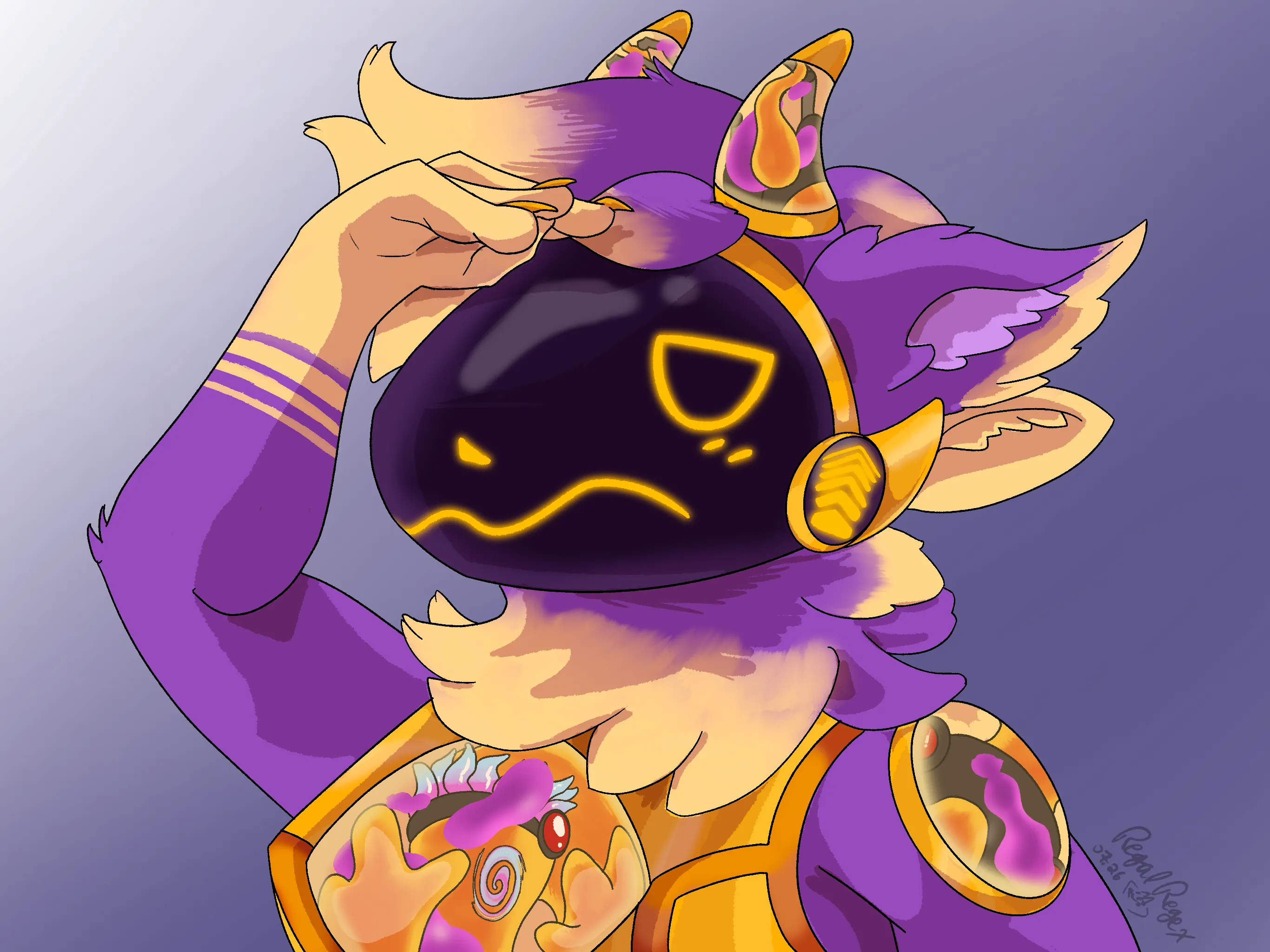 A yellow and purple protogen with arm upraised, looking for someone--implied to be Kiln, another lava/liquid glass protogen who has become somehow trapped inside Lumie's lava lamp plates