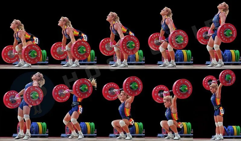 Spanish Olympian Lydia Valentín performing the Clean and Jerk weightlifting movement as a sequence of still shots of the full movement