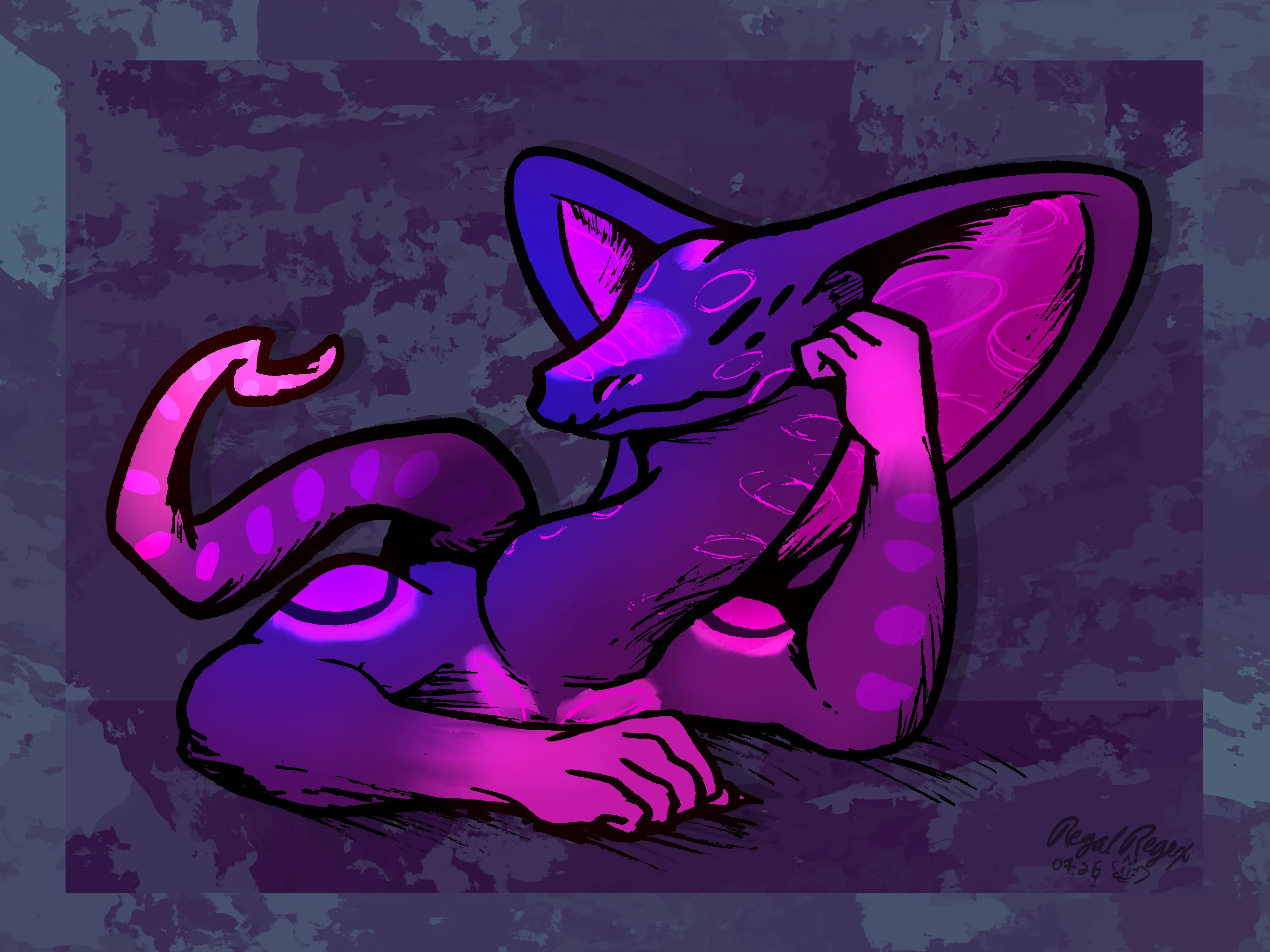 Gradient-colored anthro cobra character with scales and hood colored pinks, purples, and blues over a somewhat-camo basic blue background. The cobra is looking to the left, long neck craned over, perched against his fist. His tail is curling up behind him a bit