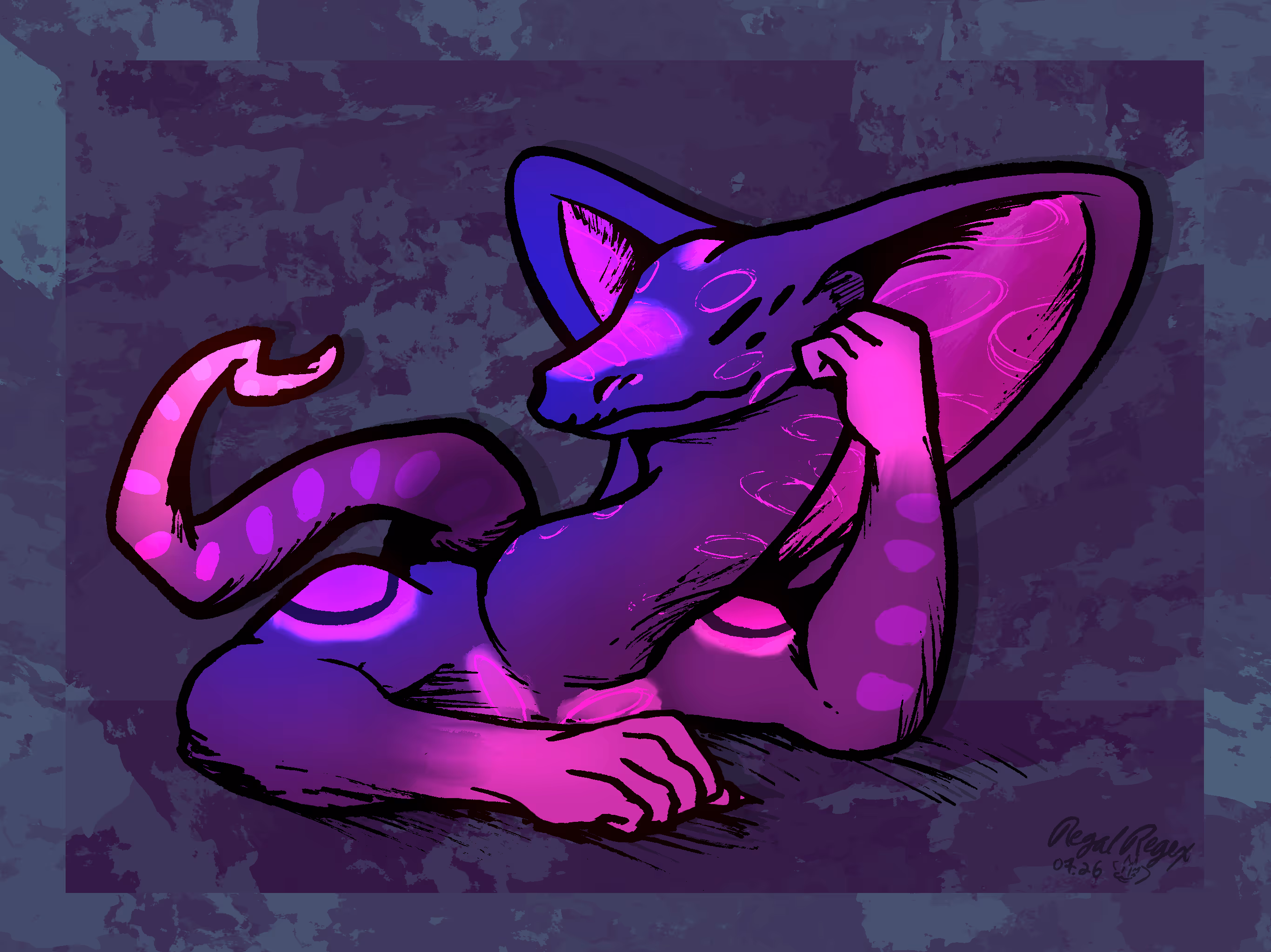 Gradient-colored anthro cobra character with scales and hood colored pinks, purples, and blues over a somewhat-camo basic blue background. The cobra is looking to the left, long neck craned over, perched against his fist. His tail is curling up behind him a bit