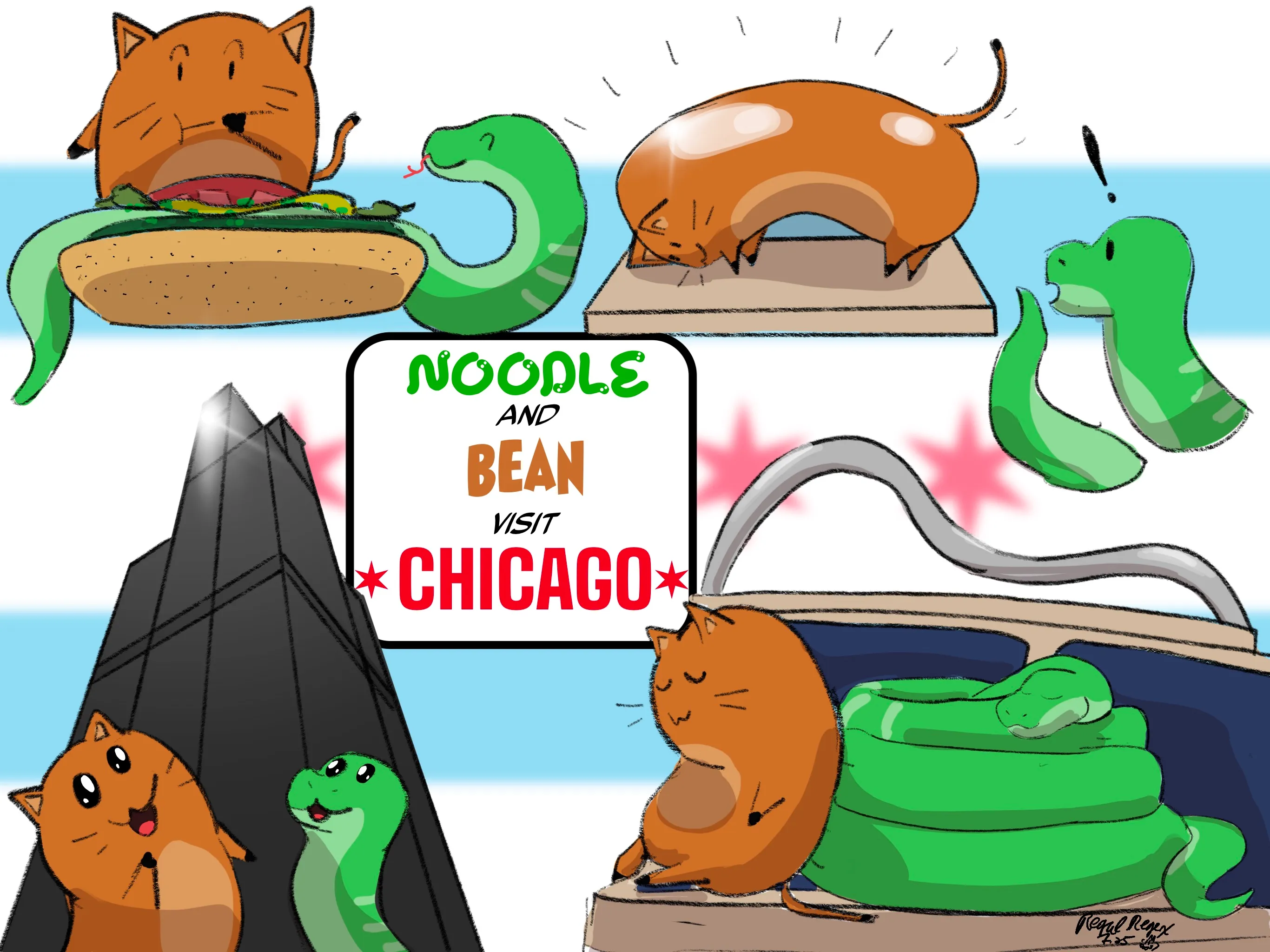 Very simplified bean cat and noodle snake in 4 varied Chicago tourist vignettes: Sears tower, Chicago hotdog, The Bean, and riding the L