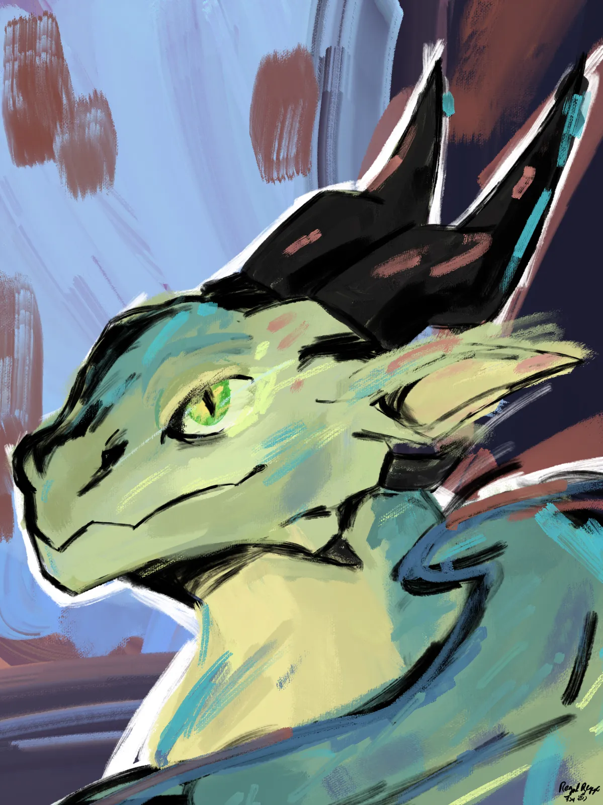 Headshot painting of a dragon character in the Disco Elysium style