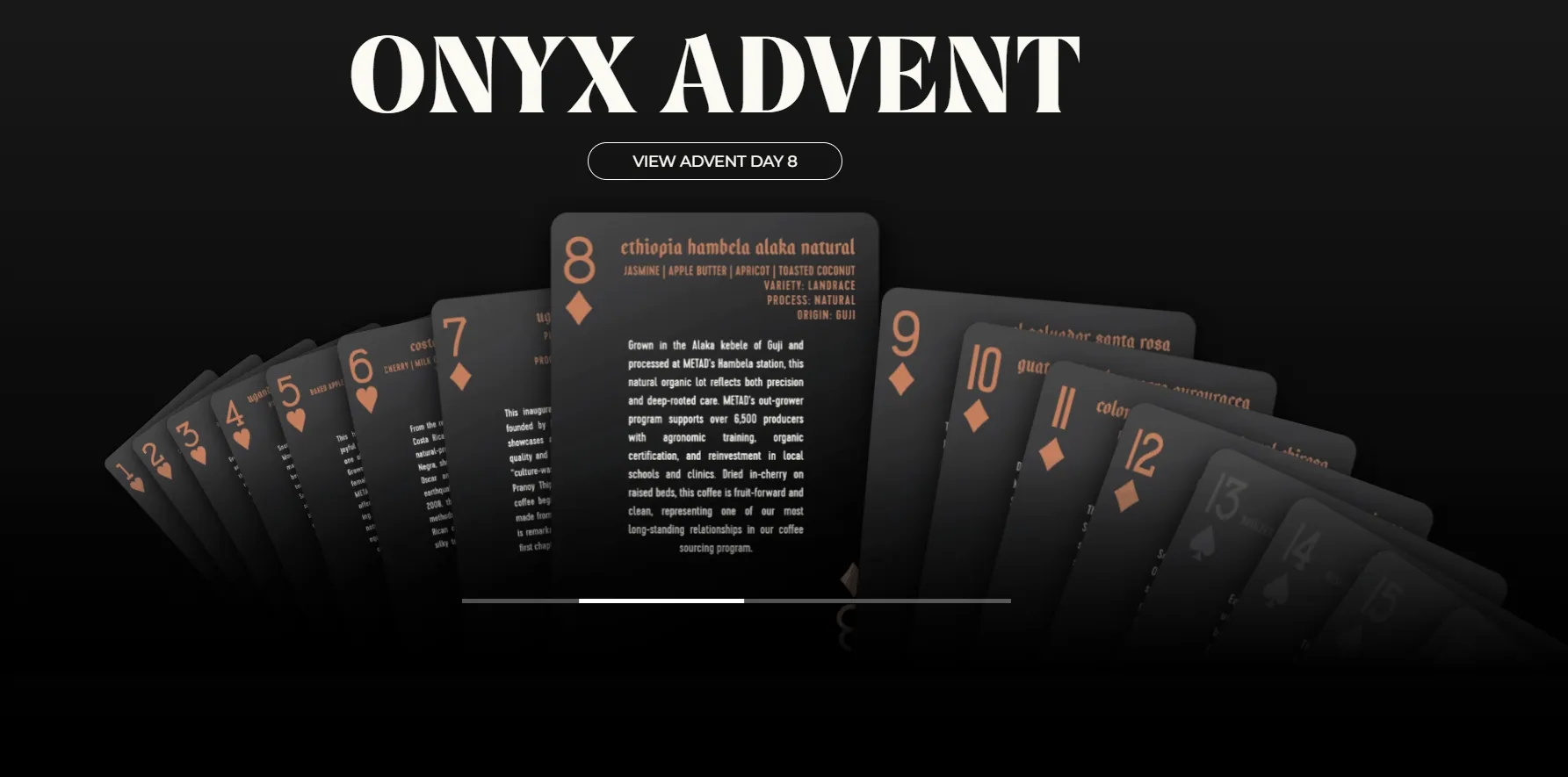animation of the Onyx Advent site, showing scrolling between cards and opening the info video modals