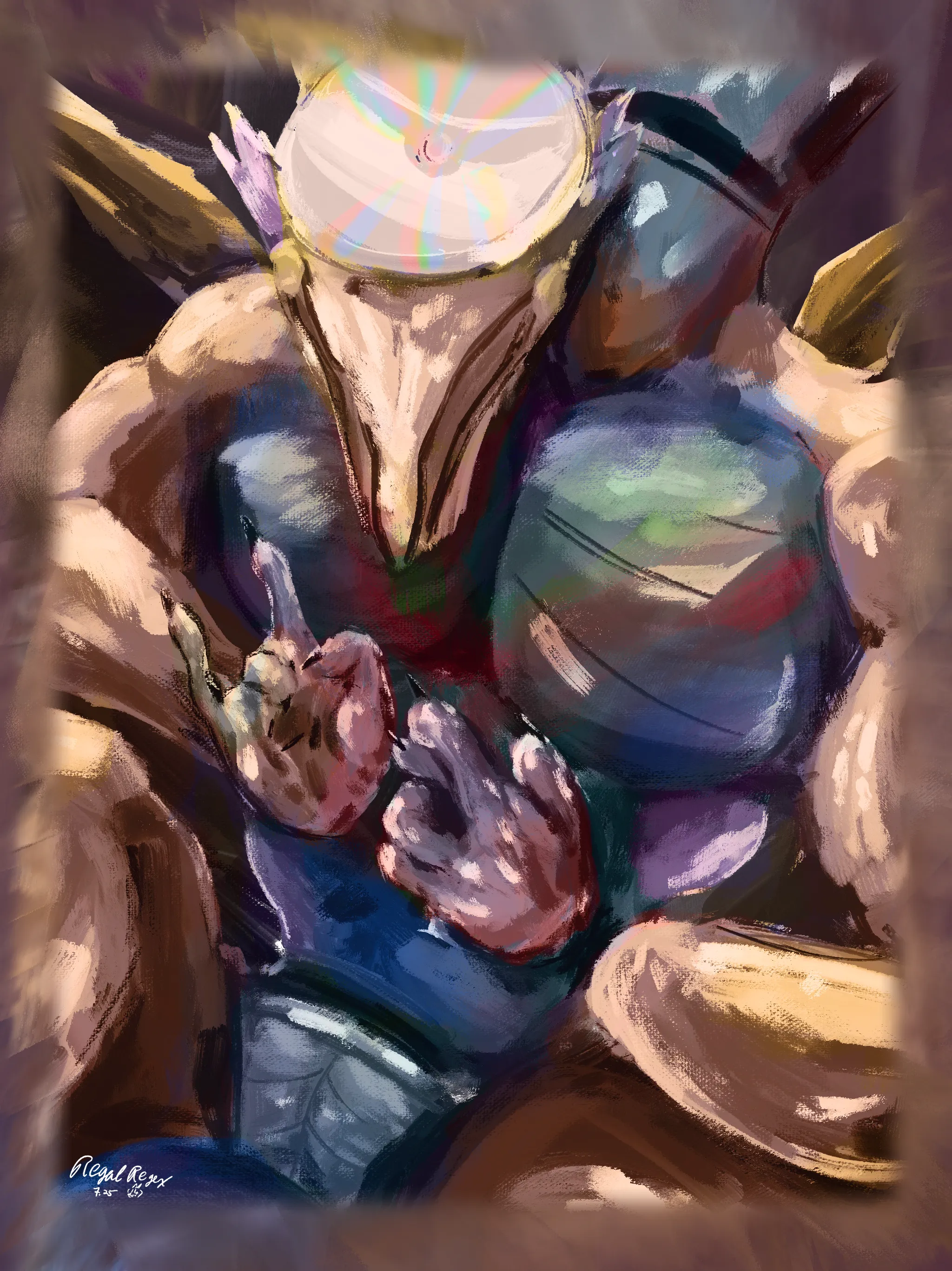 Painterly portrait of an abstract Dragon god with a floating laserdisk halo.