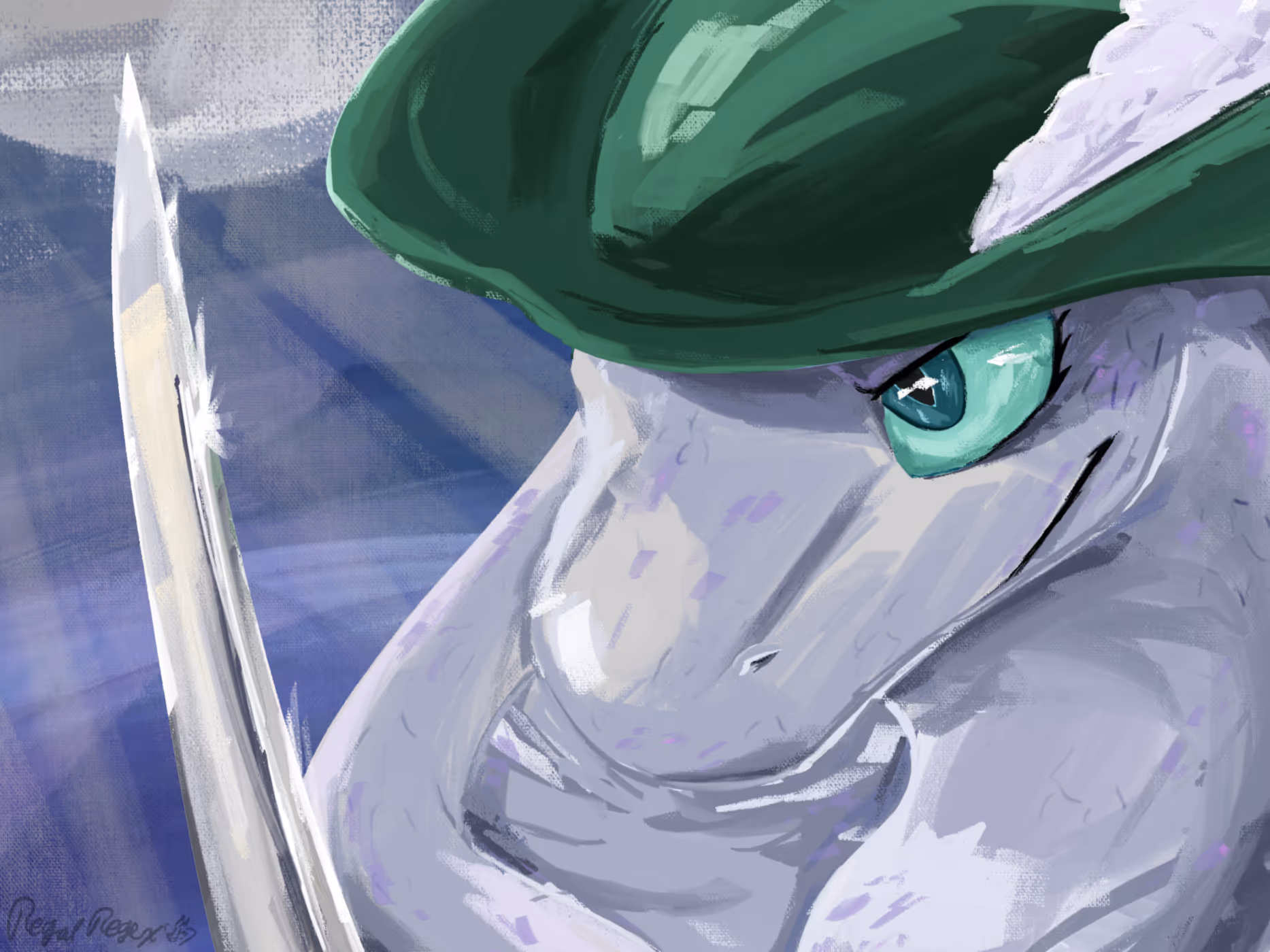 Bust of a female grey cobra wearing a green cavalier hat and wielding a rapier.