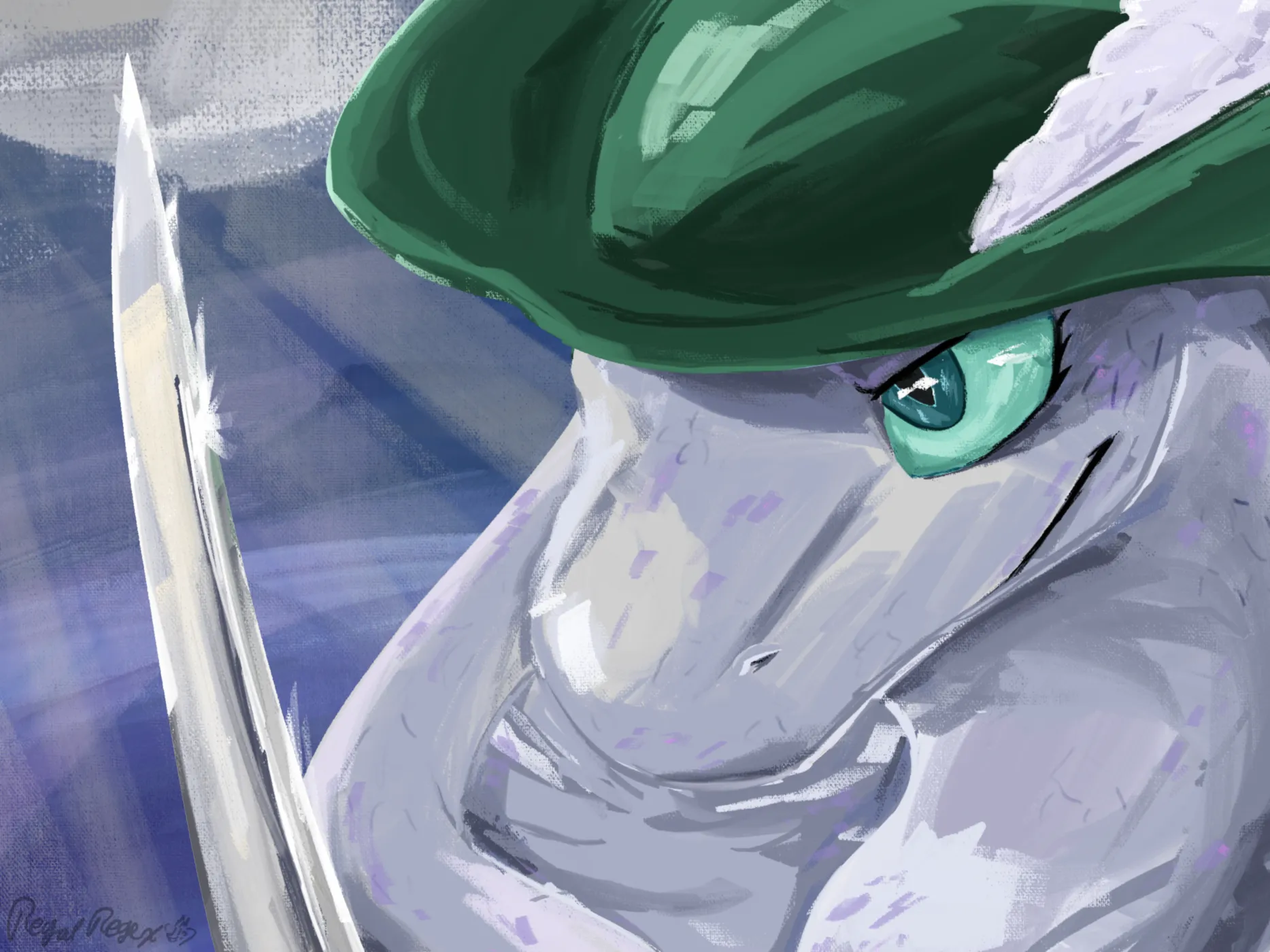 Bust of a female grey cobra wearing a green cavalier hat and wielding a rapier.