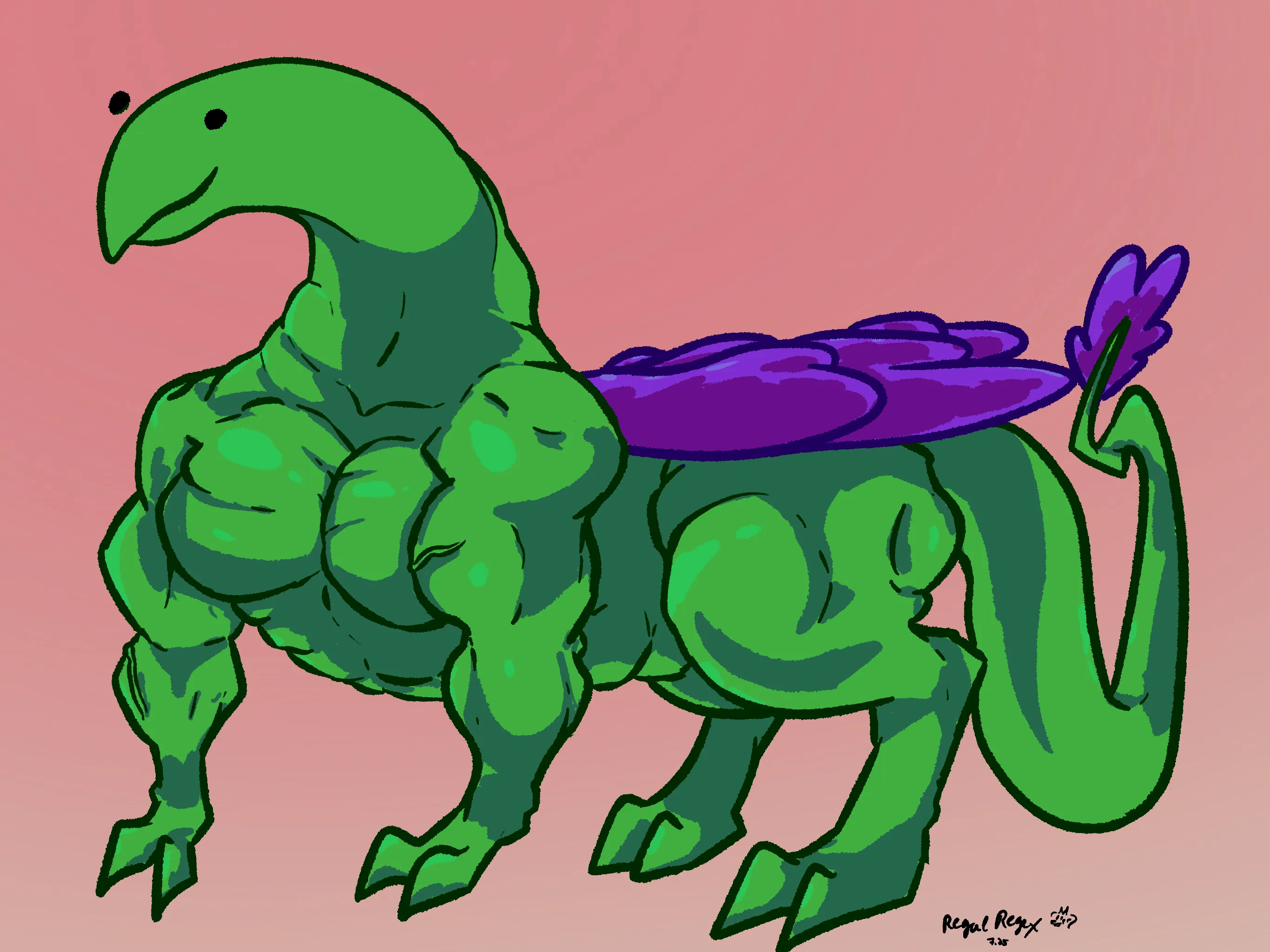 Egregiously muscular green and purple dragon thingy with floating eyeball dots