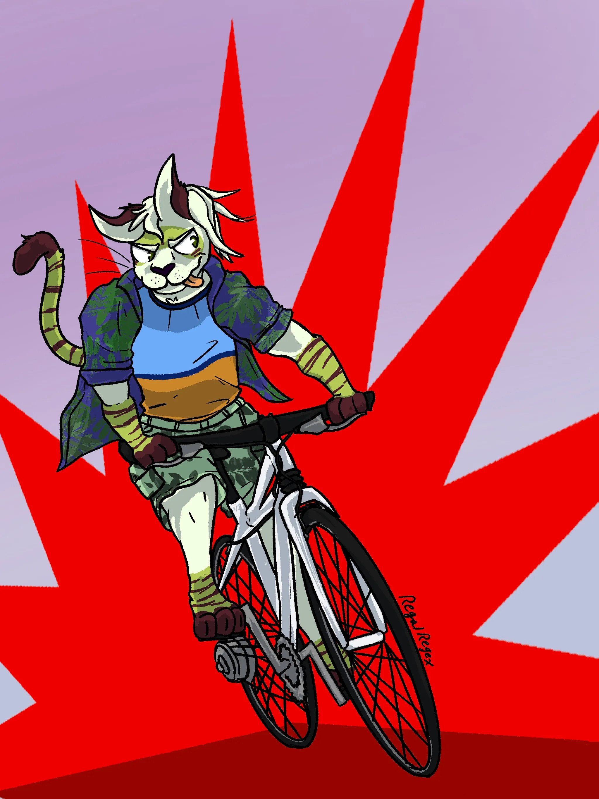 Green and white cat anthro riding a white bike in front of a stylized explosion background