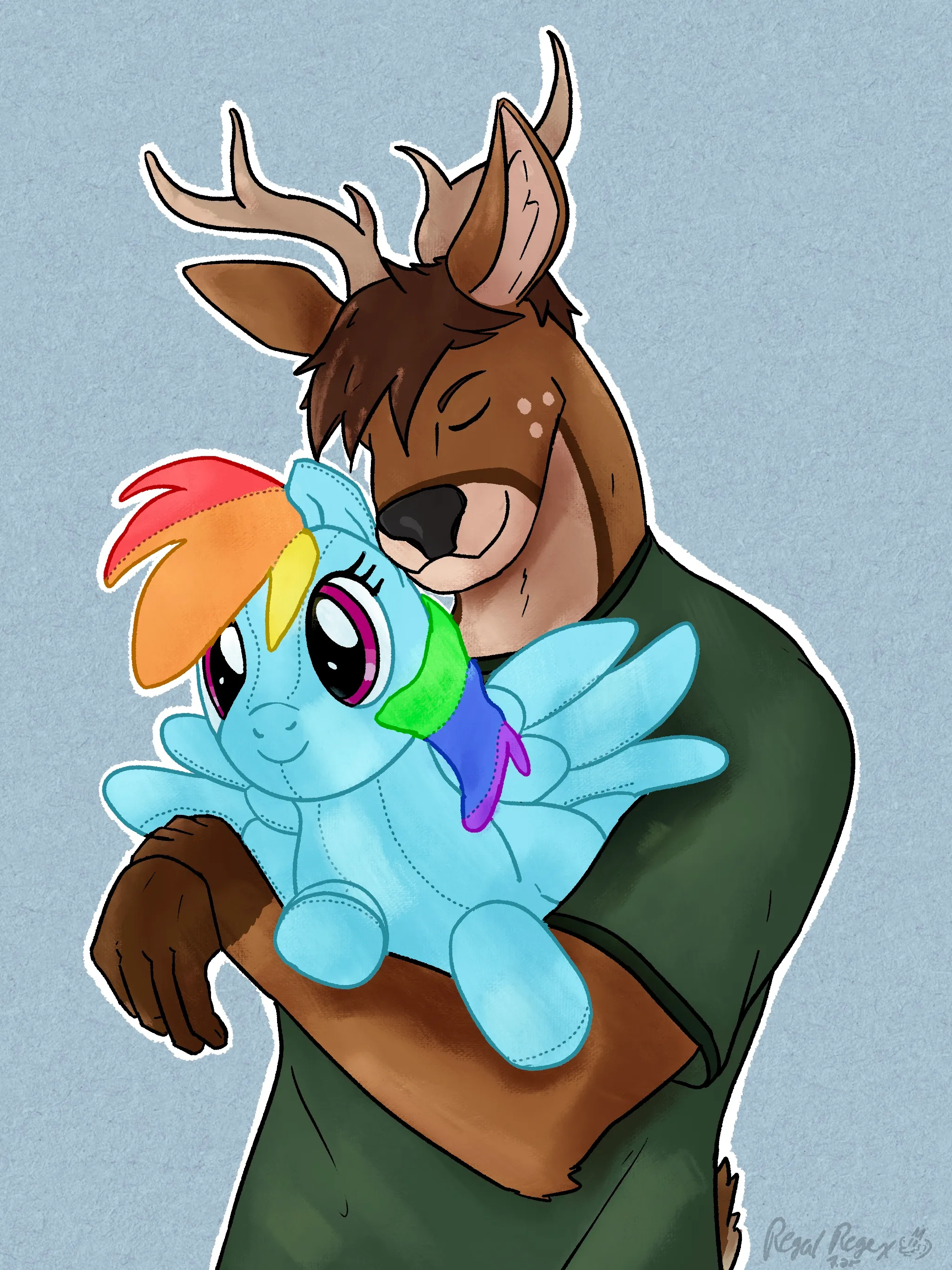 Anthro male deer character, eyes closed, wearing a green shirt, hugging a plushie My Little Pony Rainbow Dash plush item in front of a simple background