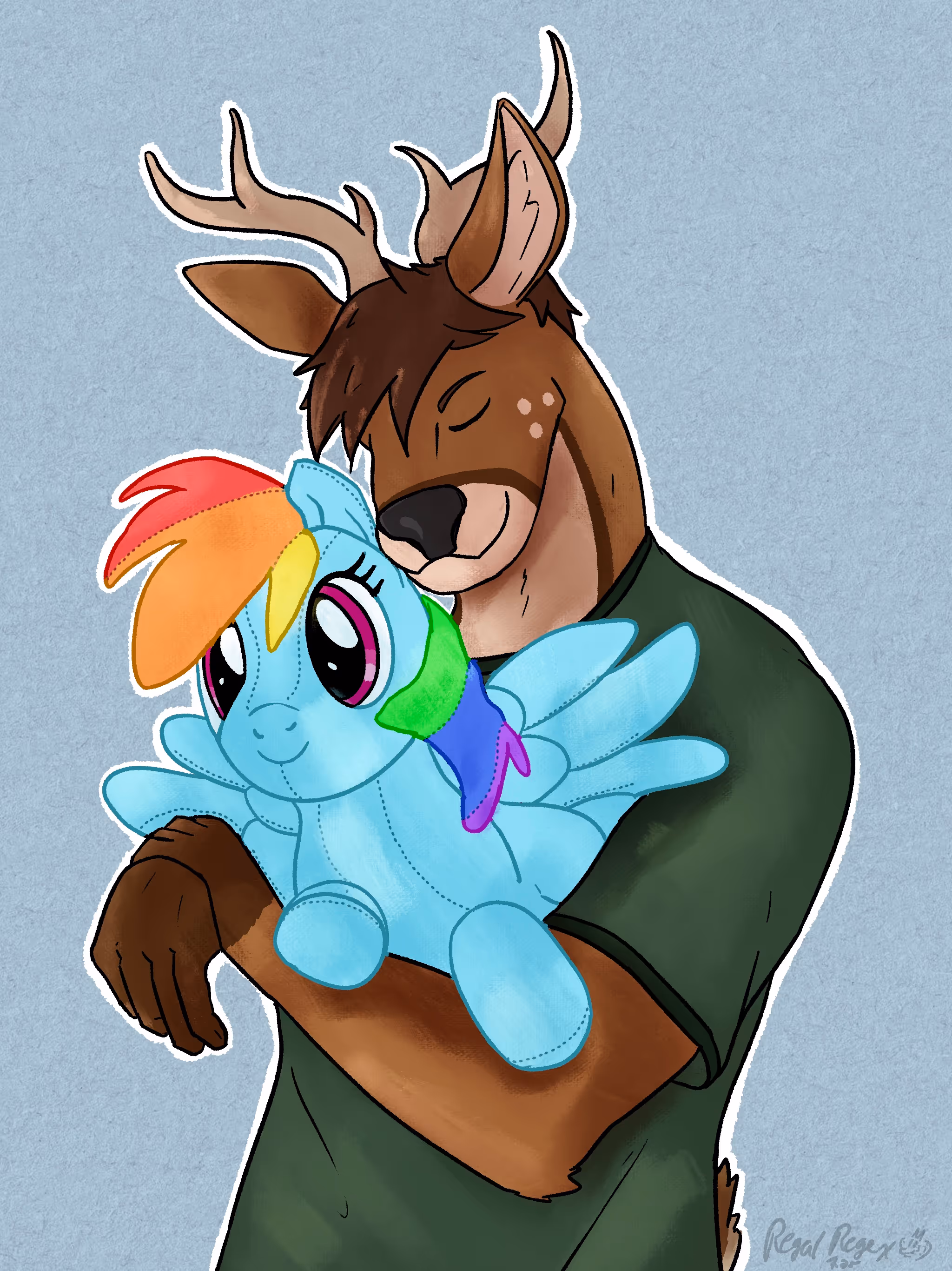 Anthro male deer character, eyes closed, wearing a green shirt, hugging a plushie My Little Pony Rainbow Dash plush item in front of a simple background