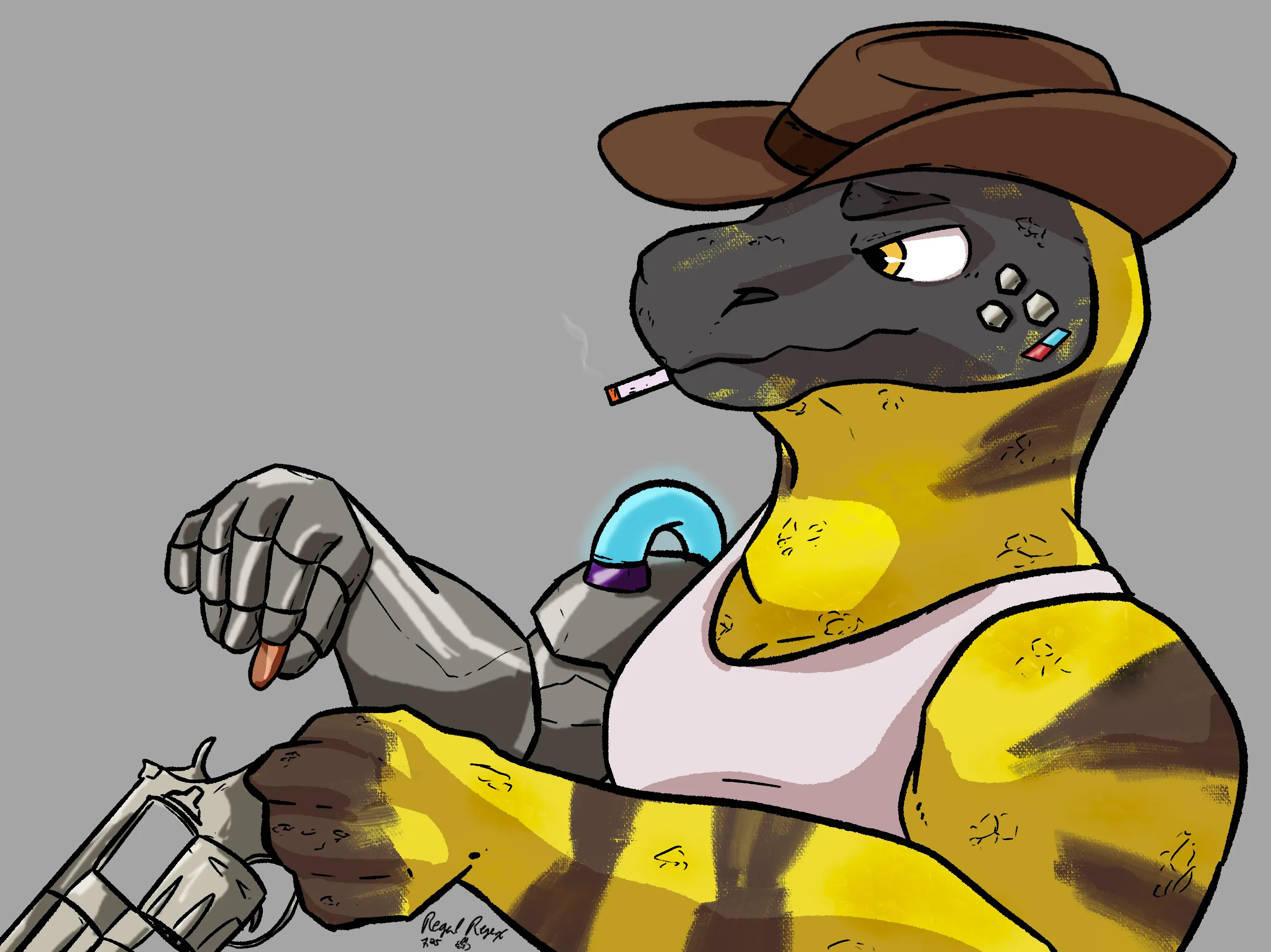 Halfbody of anthro yellow lizard with grey face, a cowboy hat, and a cybernetic right arm. He's actively loading a revolver one round at a time, while smoking a cigarette.