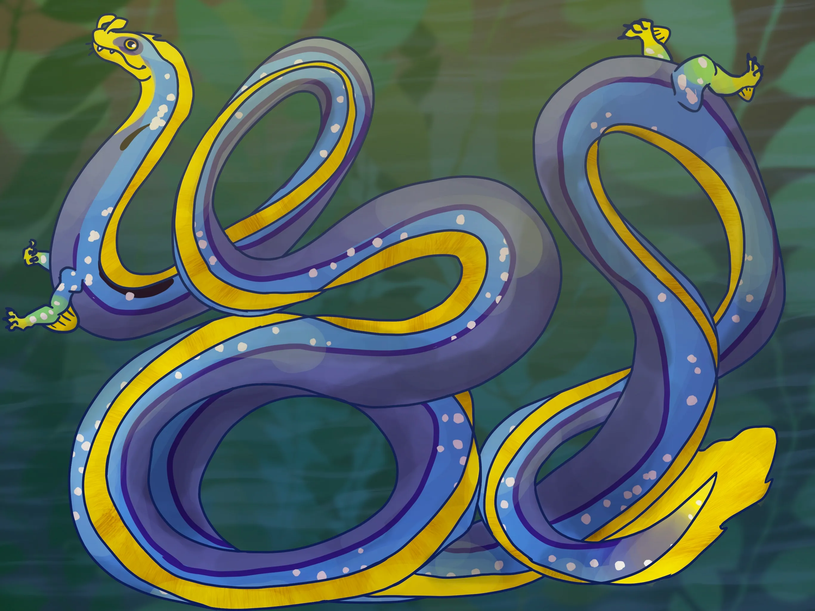 Vague kelp forest background. Foreground is a goofy ribbon eel, mega-lengthened for comedic effect.