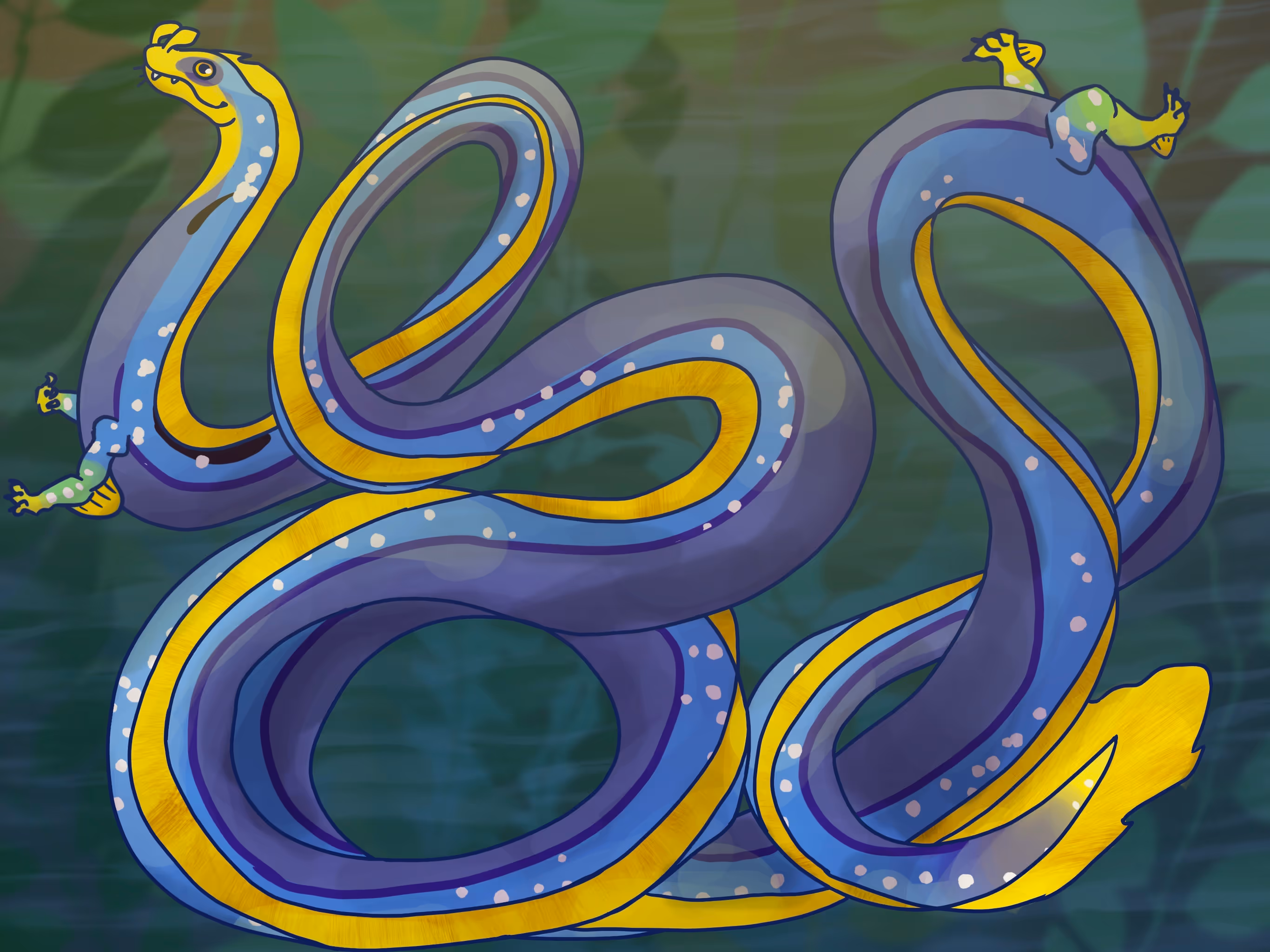Vague kelp forest background. Foreground is a goofy ribbon eel, mega-lengthened for comedic effect.