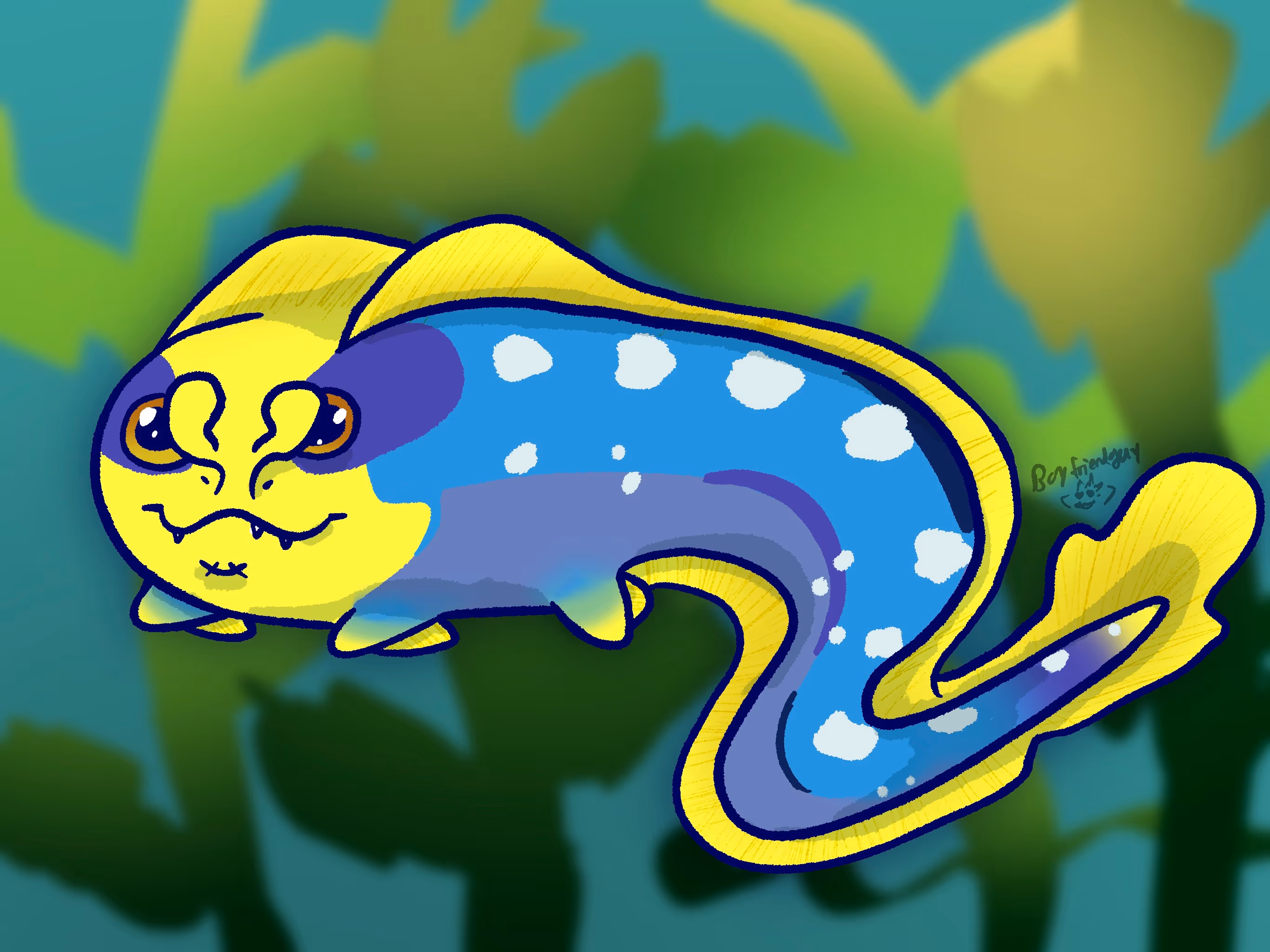A goofy ribbon eel character, simplified so that he is pretty short with a kind of lumpy bean body and a goofy face. He's drifting in front of a vague kelp background`