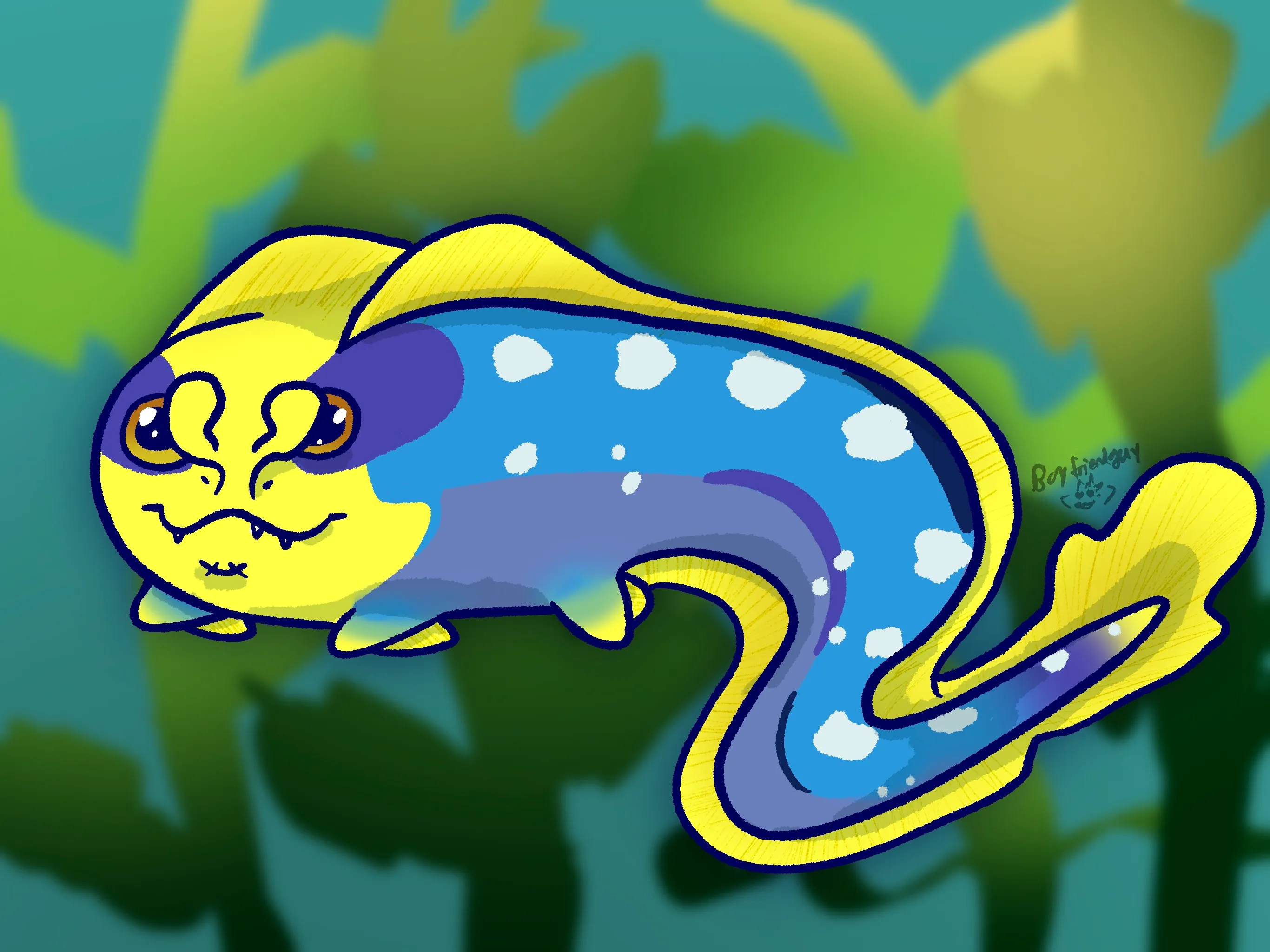 Kind of bean-shaped eel character with a goofy grin in front of a simple kelp forest-esque background