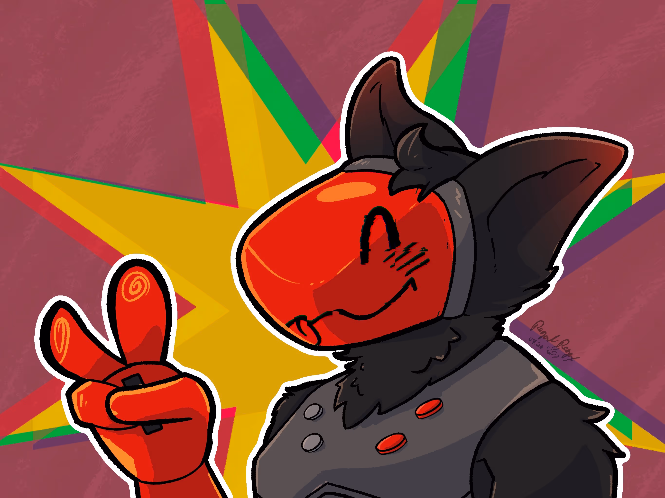 Red and grey gaming-pad themed protogen giving a peace sign with his hand, smiling towards the left side of the screen. He's in front of a red background with a chromatic aberrated 8 pointed star