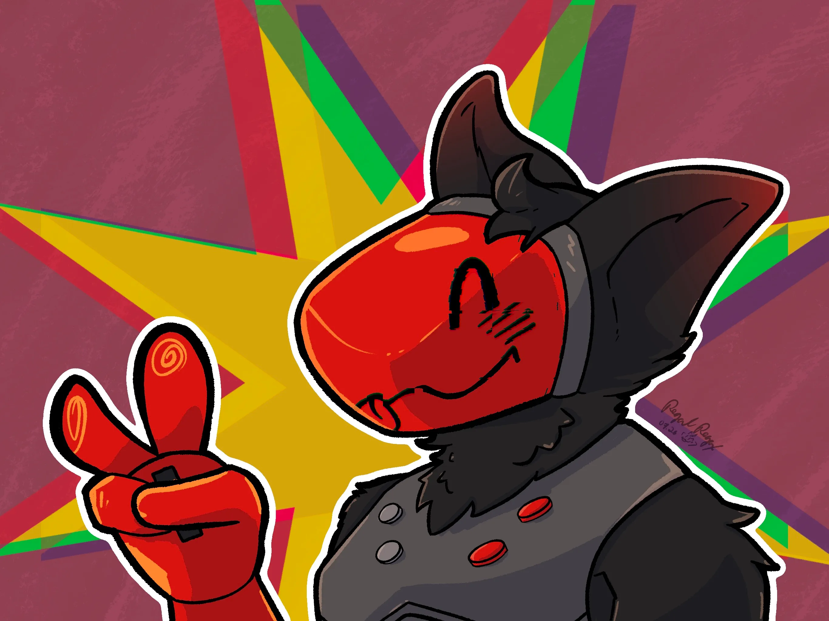 Red and grey gaming-pad themed protogen giving a peace sign with his hand, smiling towards the left side of the screen. He's in front of a red background with a chromatic aberrated 8 pointed star