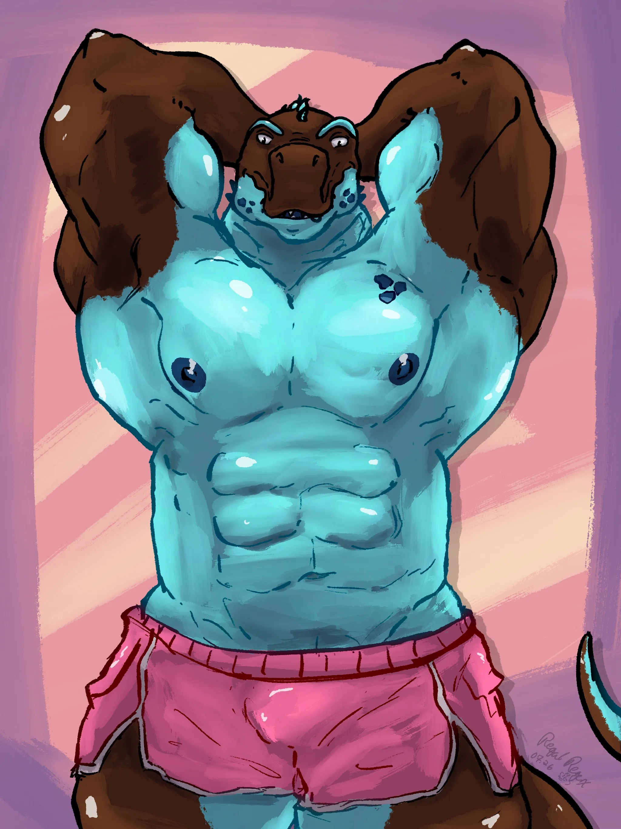 Large, muscular, brown and blue anthro T-rex wearing short pink shorts. He's flexing with both arms upraised, showing chest and abdominal musculature with a slight smirk towards the viewer, standing in front of a simple reddish purple background