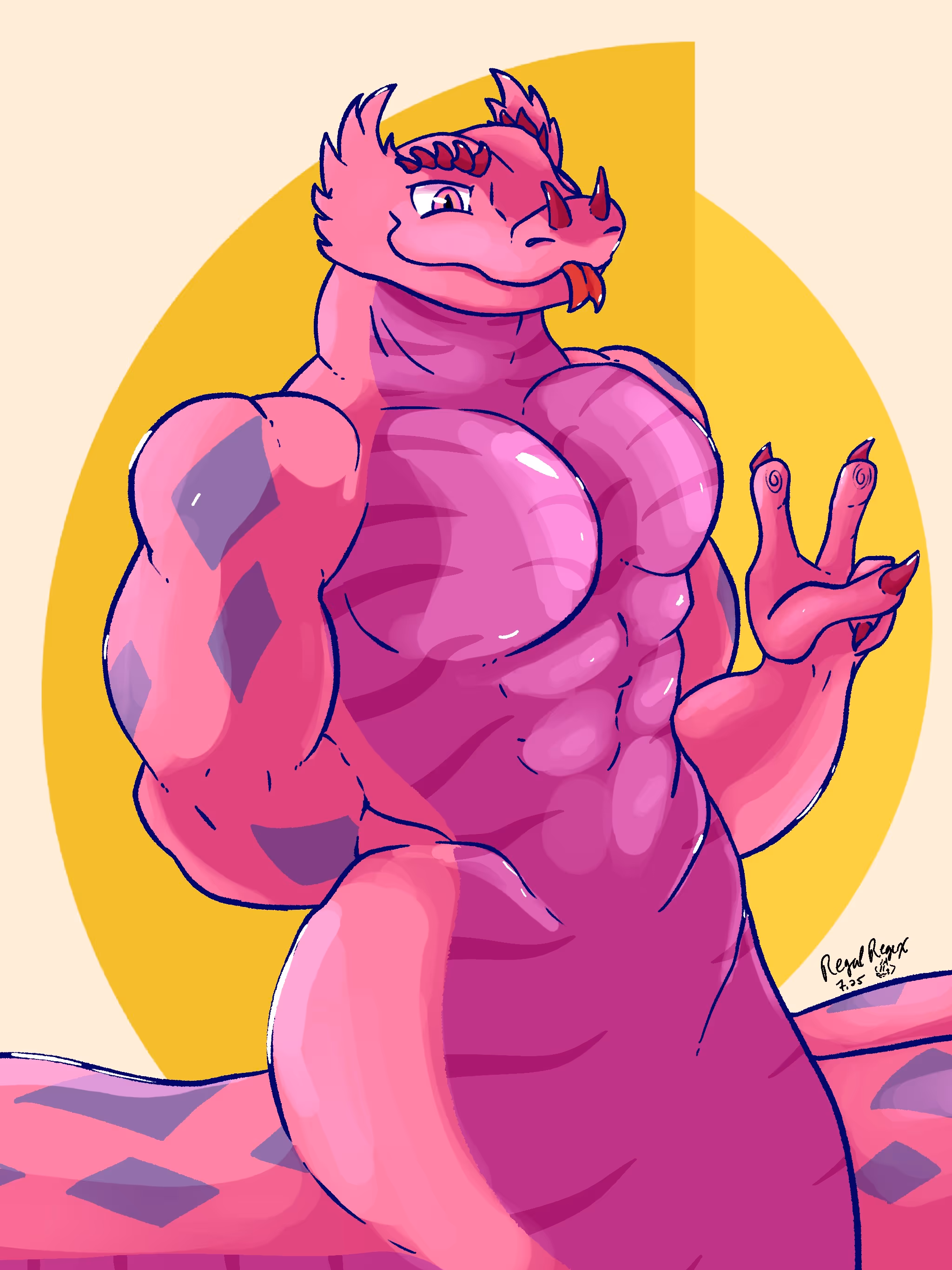 Full-body piece featuring a cool, buff, pink Naga snake. He's simply posing and flashing a peace sign with his fingers to the camera.