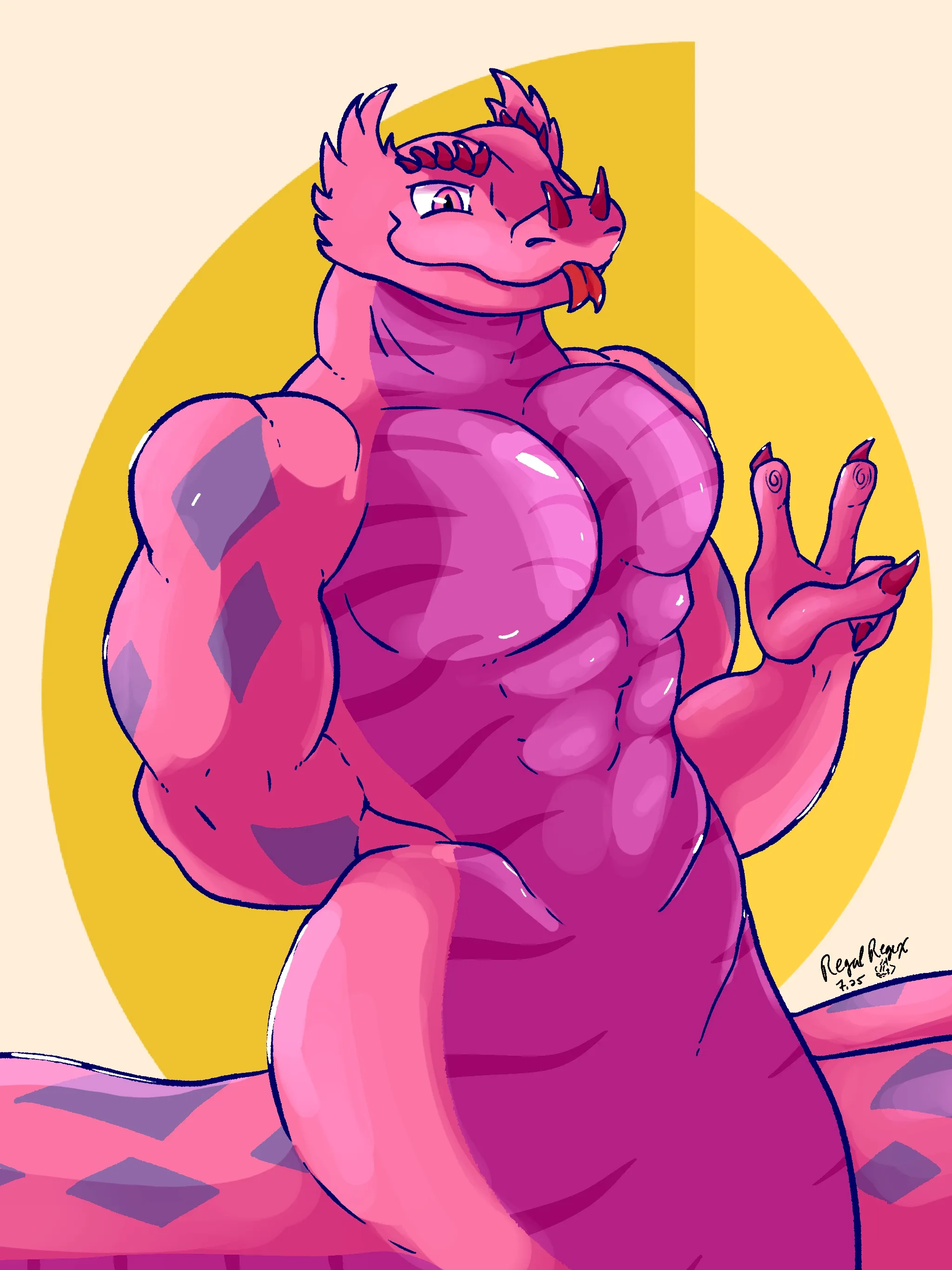Full-body piece featuring a cool, buff, pink Naga snake. He's simply posing and flashing a peace sign with his fingers to the camera.
