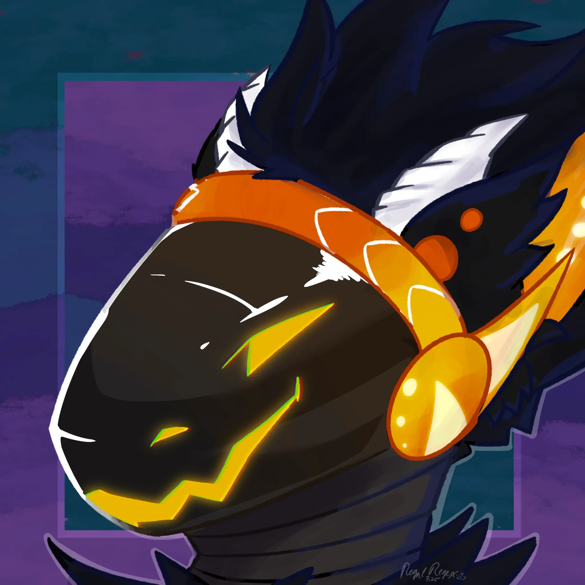 Navy blue and orange-yellow Protogen character headshot