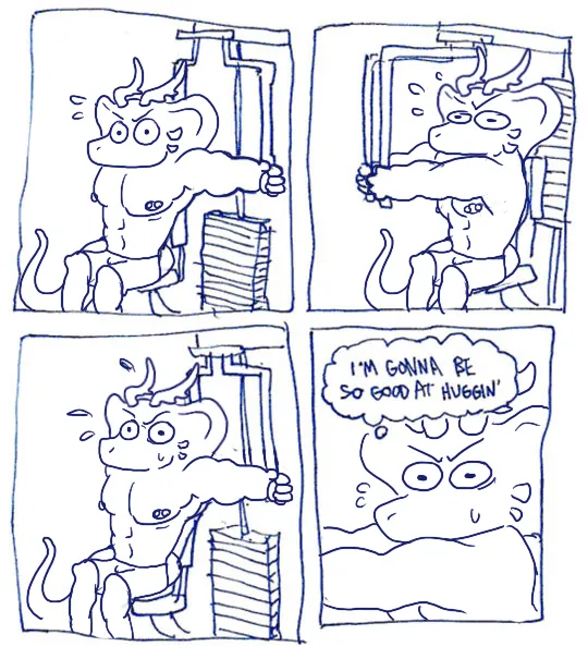 Meme comic of Argent using a chest fly machine. 4th panel says "I'm gonna be so good at huggin"