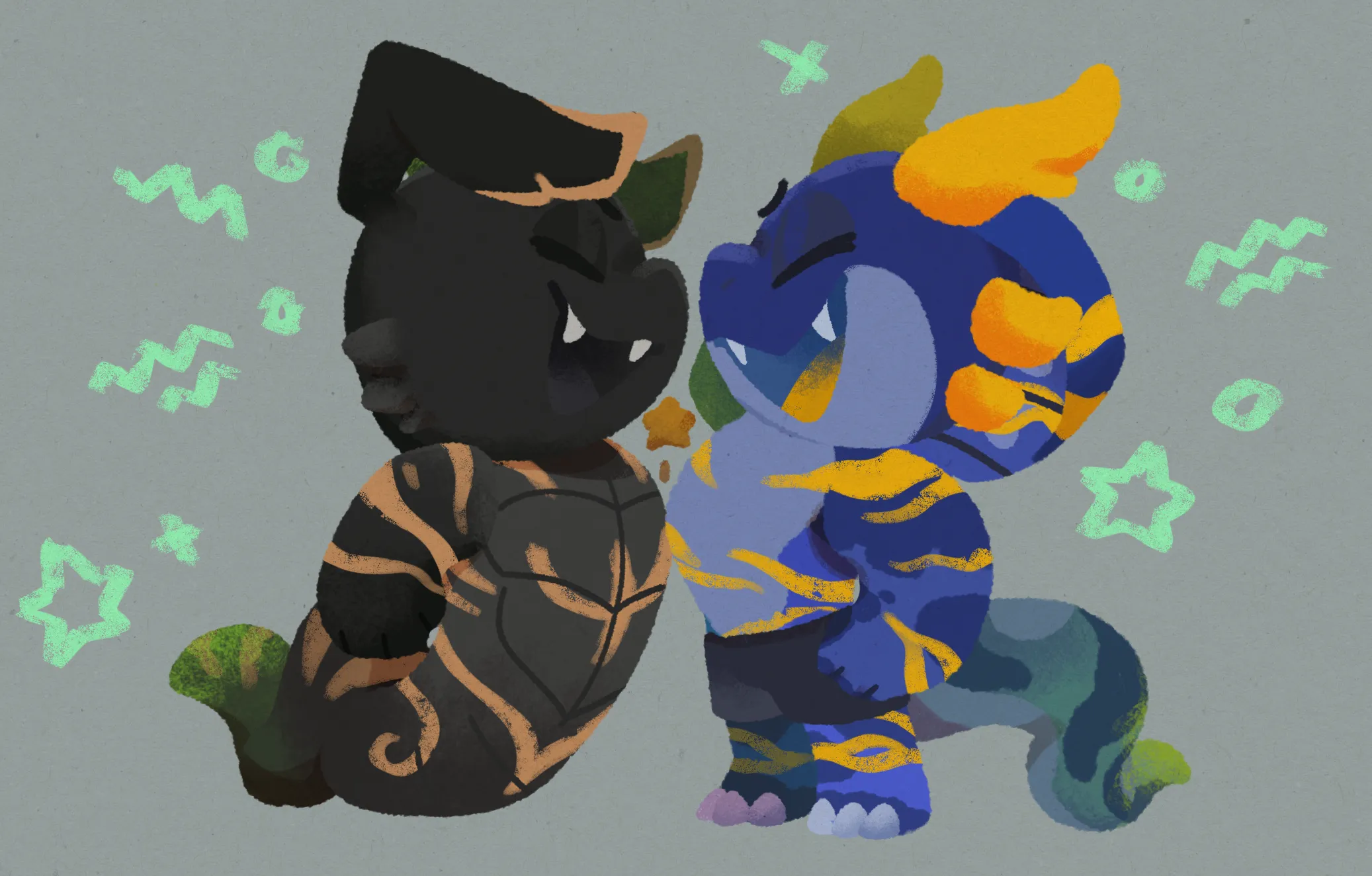 Chibi Argent chest-bumping another black snake naga