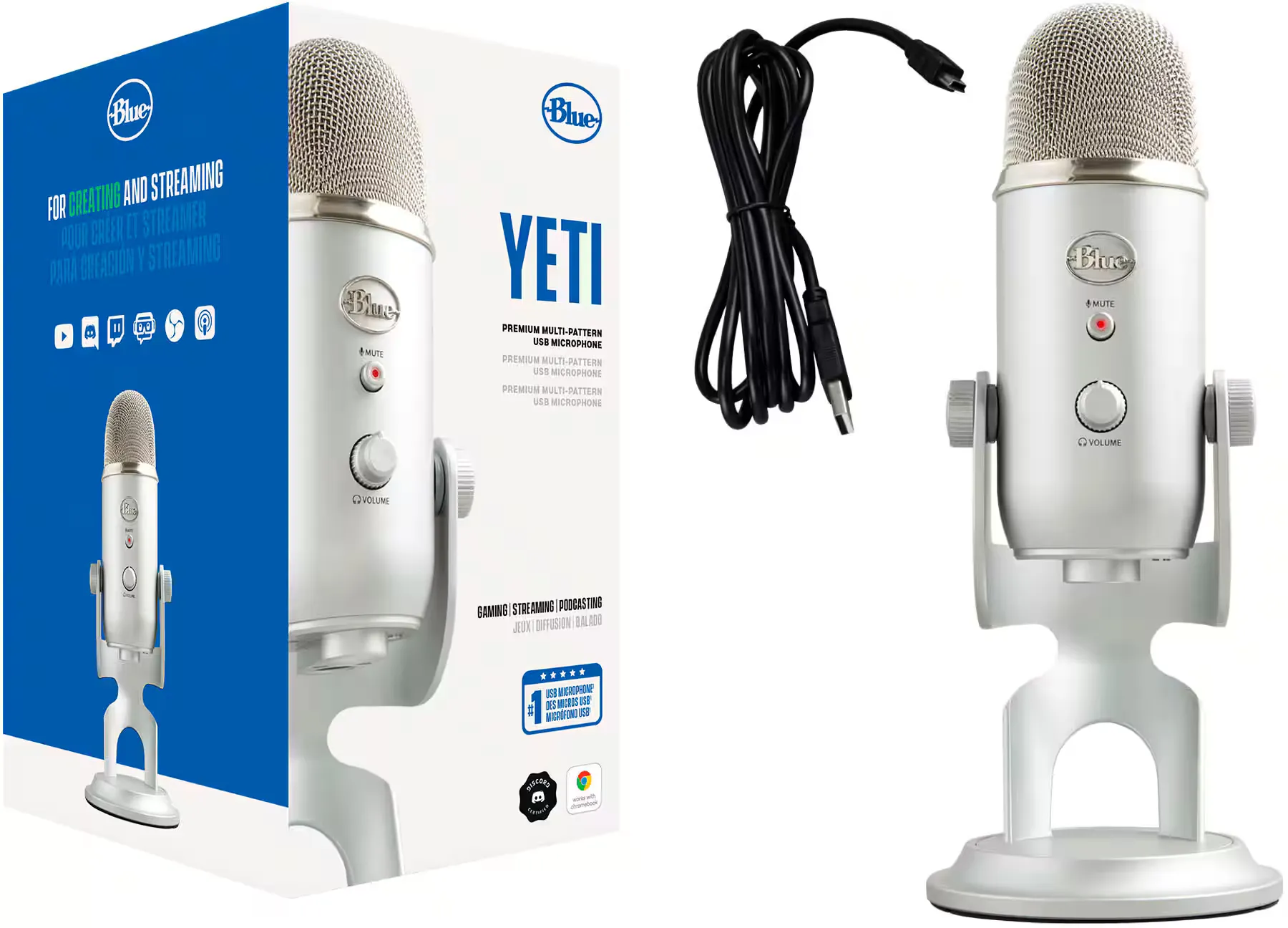 Blue (brand) Yeti microphone in a white product page setting next to its box